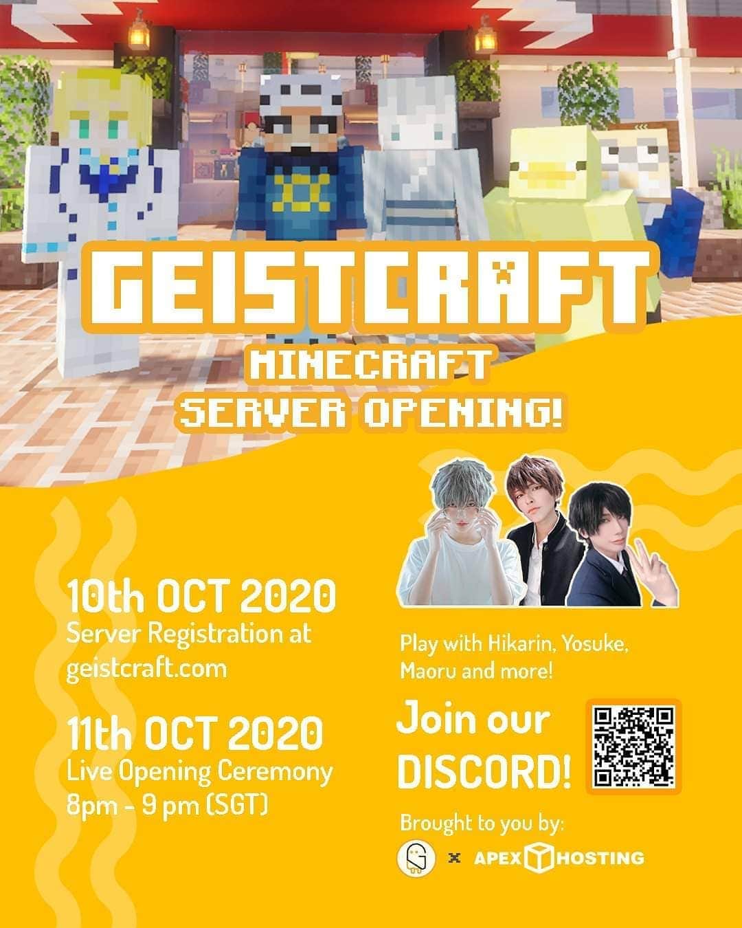 ひかりんのインスタグラム：「The wait is over !!🎉 On Oct 11th , you can be part of our stream as we stream the GeistCraft opening ceremony on Twitch !🎉 Pre-Registration begins on Oct 10th on GeistCraft.com , make sure you do because all pre-registeres members will receive a FREE exclusive gift ! Join our discord at discord.link/GeistPro to voice chat with me, @mr.yosuke  and @maoru.__  as we all play together on the server . . This is truely a dream come true , having a place to play , chat and be creative with all of our supporters 🤗 We will do our best to make GeistCraft the very best it can be ♥️ . See you on Oct 11th ! #minecraft #geistcraft #twitch」