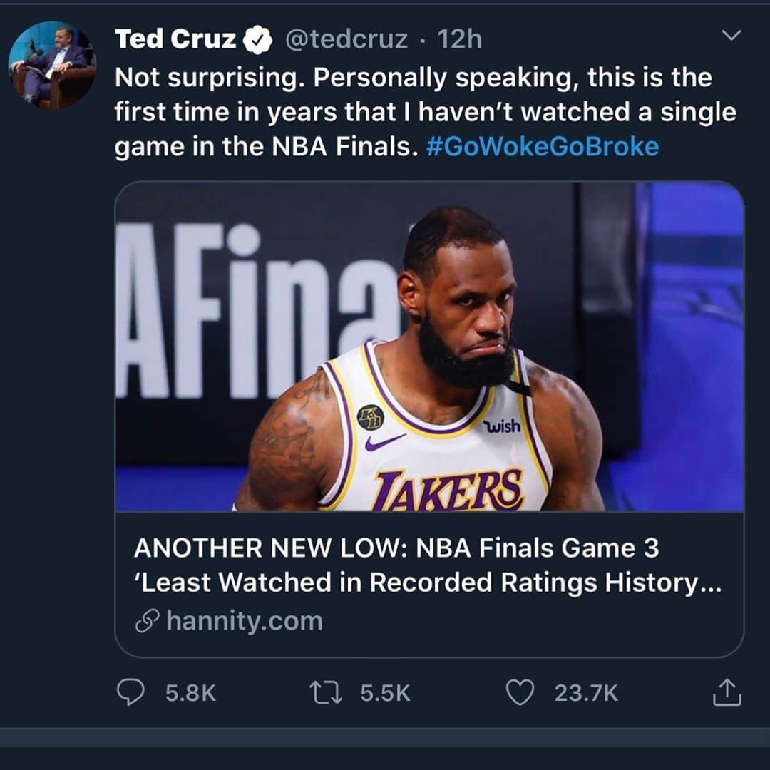 エリック・クリスチャン・オルセンのインスタグラム：「Ted Cruz just used the hashtag #gowokegobroke to explain low tv ratings in the NBA finals. Is this real life? @hulu @wokehulu did I take the red pill AND the blue pill? Is he a senator in 2020? Did we take the DeLorean back too far? The fuck?」