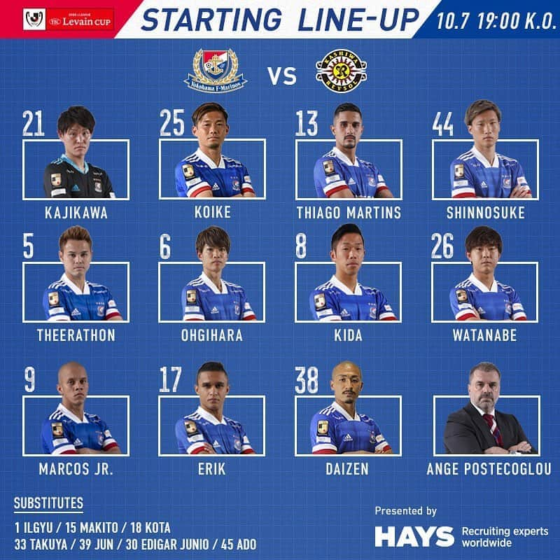 横浜F・マリノスさんのインスタグラム写真 - (横浜F・マリノスInstagram)「Yokohama F.Marinos Team News vs Kashiwa Reysol! 本日のルヴァンカップ準決勝・柏レイソル戦のメンバーが発表されました！  #ルヴァンカップも勝ち獲ろう #fmarinos #ルヴァンカップ #スタメン #startingXI #LevainCup #HAYS」10月7日 16時43分 - yokohamaf.marinos