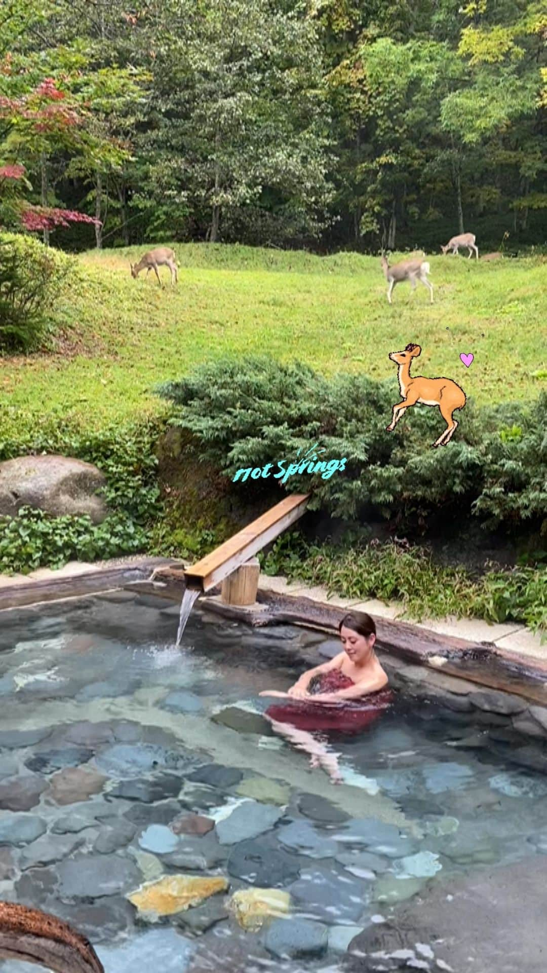 北出恭子のインスタグラム：「"Nakamuraya" in Nukabira Onsen, Hokkaido ♨️ You can see deer in the mixed bathing open-air bath 🦌  A deer sees me taking a bath 🤭 It's very cute and healed ❤️  📸 @onsencam   #kitadekyoko #hotspings #japan #japan_of_insta #japanesegirl #onsen #outdoorbath #nukabiraonsennakamuraya #hokkaido #hokkaidotrip #deer #溫泉 #온천 #spa #trip #travel #tourism  #糠平温泉中村屋 #温泉専門家 #温泉家 #北出恭子 #温泉 #北海道 #北海道旅行 #鹿 #混浴 #露天風呂」