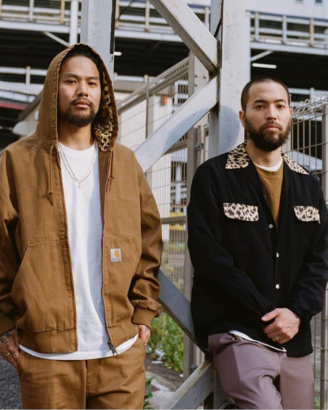 カーハートのインスタグラム：「Wacko Maria x Carhartt WIP. 10/10/2020.  For F/W20, Carhartt WIP has collaborated with @wackomaria_guiltyparties, creating an 18-piece capsule collection which sees iconic Carhartt WIP pieces reinterpreted by the Tokyo brand. Familiar Wacko Maria design elements feature throughout the collection — leopard print, embroidered black letter motifs — casting classic pieces, such as the American Script Sweatshirt and OG Active Jacket, in a new light.  Available at selected Carhartt WIP Store Tokyo & Online Store from Saturday, October 10th.   @wackomaria_guiltyparties とCarhartt WIPのカプセルコレクションは、10月10日(土)よりCarhartt WIP Store TokyoとOnline Storeでの発売となります。是非ご期待下さい。  Photographer: Taro Mizutani Model: Sho and Keigo Styling: Wacko Maria #CarharttWIP #wackomaria #guiltyparties」