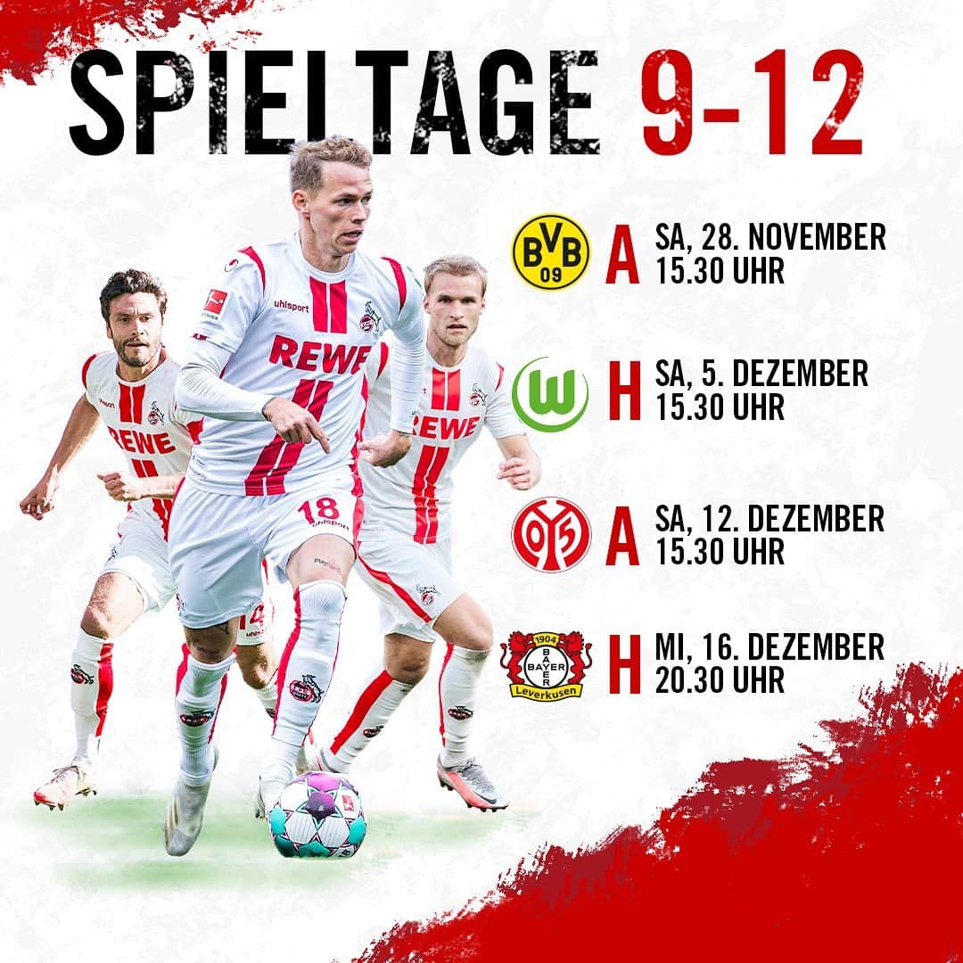 1.FCケルンさんのインスタグラム写真 - (1.FCケルンInstagram)「🗓 SWIPE: Die Bundesliga-Spieltage 9 bis 12 sind zeitgenau terminiert. 🔴⚪️」10月7日 21時30分 - fckoeln