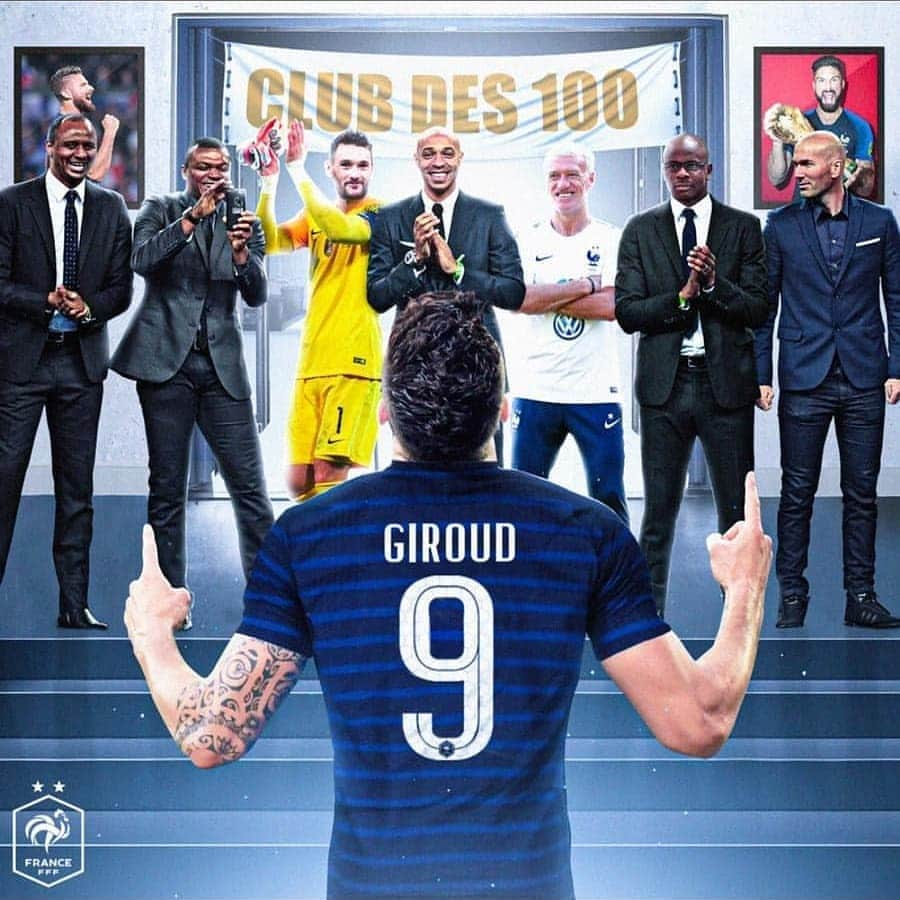 サッカー フランス代表チームさんのインスタグラム写真 - (サッカー フランス代表チームInstagram)「Notre capitaine du soir Olivier Giroud fête sa 100ème sélection avec les Bleus 🇫🇷 !  Il devient le 8ème Bleu à franchir cette barre symbolique 💯 #FiersdetreBleus」10月8日 4時03分 - equipedefrance