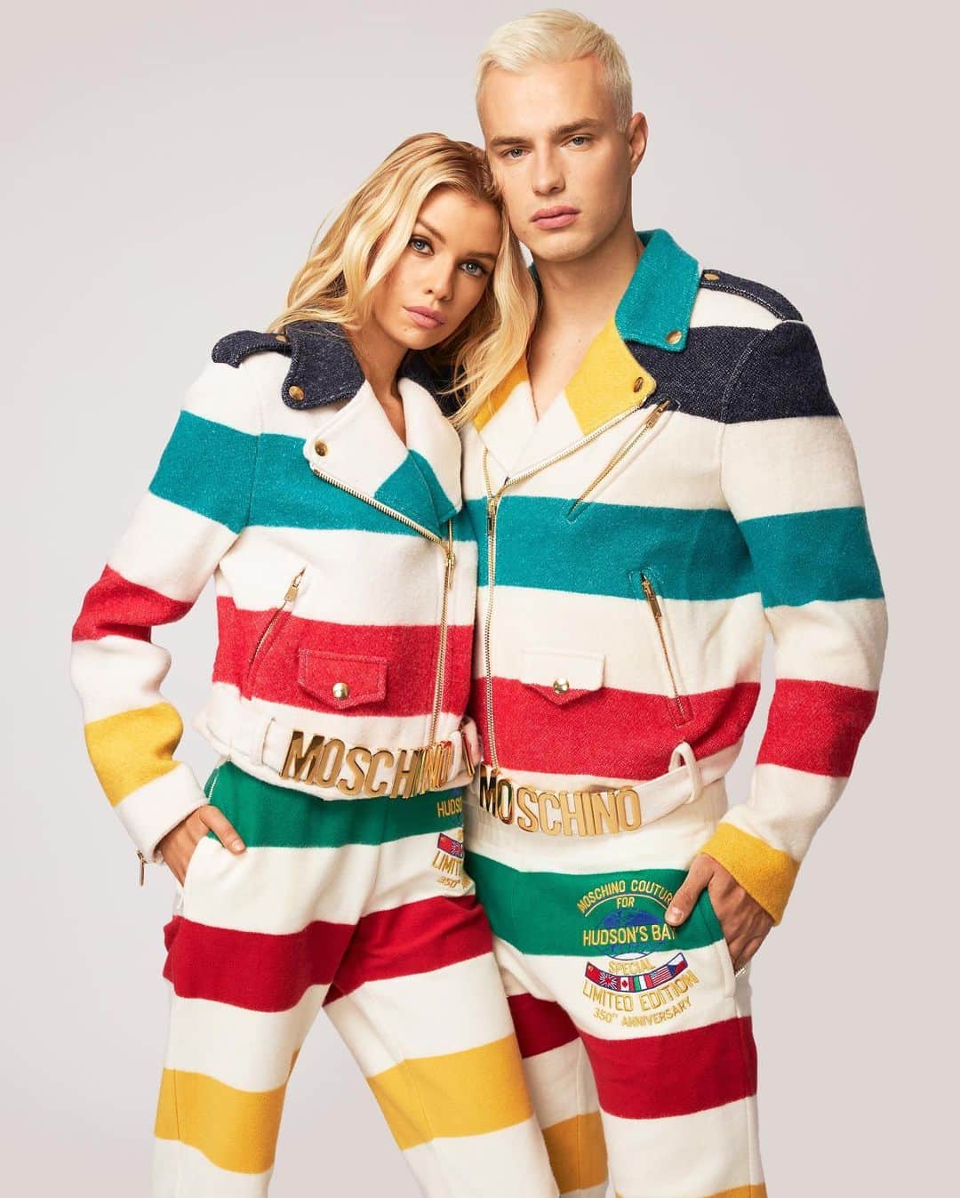ジェレミー・スコットのインスタグラム：「EXCITED TO UNVEIL THE SPECIAL CAPSULE COLLECTION THAT I’VE CREATED FOR @hudsonsbay WITH THEIR ICONIC STRIPED BLANKET TO CELEBRATE THEIR 350 YEAR ANNIVERSARY ! @stellamaxwell & @denek_k WEARING A WOOL BIKER JACKETS WITH COMBED FLEECE EMBROIDERED SWEAT PANTS PHOTOGRAPHED BY @marcus_mam」