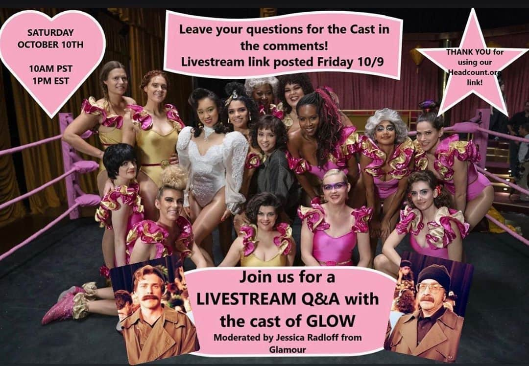 エレン・ウォンのインスタグラム：「What timing! Glow is cancelled, but NOT voting!!! As promised, the whole cast will reunite to answer all your questions about the show. Join us for a livestream Q&A moderated by @jessicaradloff14 from @glamourmag this Saturday October 10th at 10am PST/ 1pm EST. Leave/post your questions for us in my comments below, and we’ll select a few! We will post the livestream link this Friday 10/9, so be sure to check back! Thank you to @headcountorg and  remember you can still use our link to register to vote, check voter status or request a mail in ballot! #vote2020」