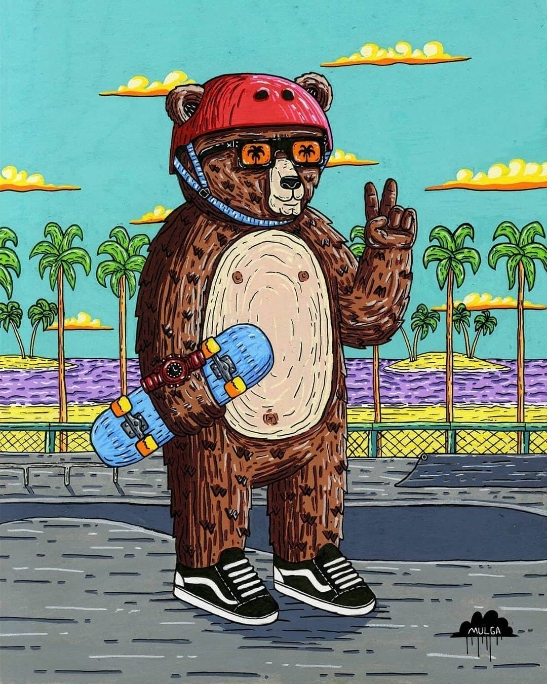 MULGAさんのインスタグラム写真 - (MULGAInstagram)「Bear the Skater Bear 🐻 🛹 An artwork I was commissioned to paint for a birthday gift for a little dude called Bear. ⁣ ⁣ The story of Bear the Skater Bear⁣ ⁣ Once there was a bear called Bear and he was one of the best skater bears going around. He pioneered quite a few skate tricks like the Bear Ollie where you do an Ollie whilst eating some honey. Another trick he invented was the Upstream Tuna Flip where you do a kick flip with a tuna fish whilst travelling upstream and eating another tuna fish. He invented heaps of other tricks but I forget what they are but if you would like to read all about them there is a book called 'The definitive book of Bear the Bears skate tricks' available at all good skate bear bookshops. ⁣ ⁣ The End⁣ ⁣ #mulgatheartist #beartheskaterbearisprettygoodatskateboarding #bearart #skateboardart #skateboardingart #bear #skaterbear #posca」10月8日 5時04分 - mulgatheartist