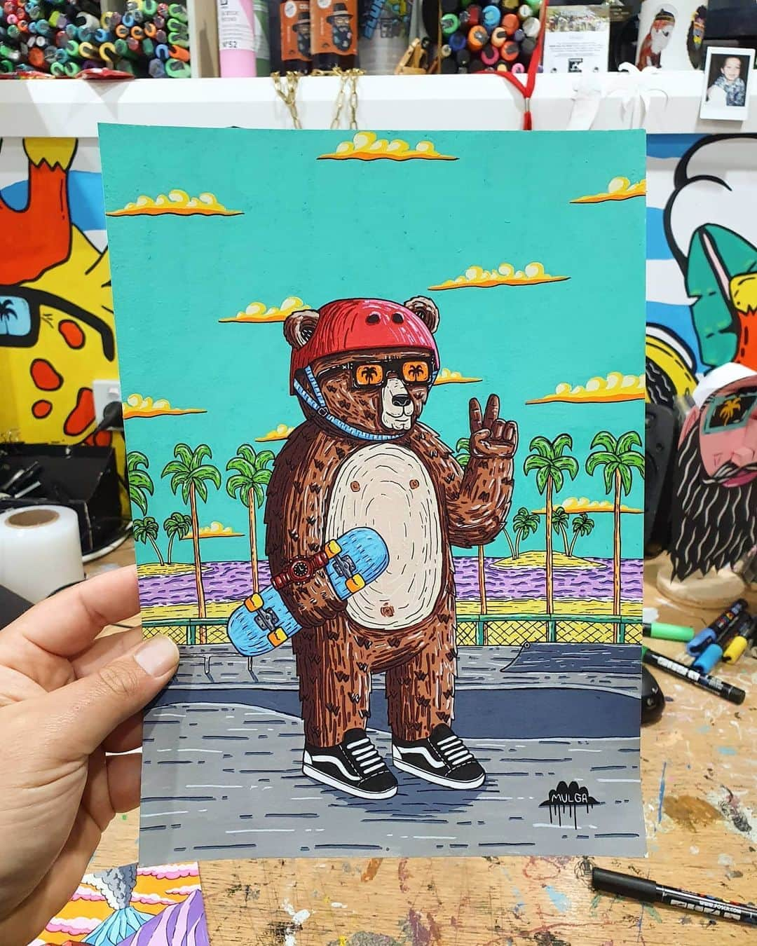 MULGAさんのインスタグラム写真 - (MULGAInstagram)「Bear the Skater Bear 🐻 🛹 An artwork I was commissioned to paint for a birthday gift for a little dude called Bear. ⁣ ⁣ The story of Bear the Skater Bear⁣ ⁣ Once there was a bear called Bear and he was one of the best skater bears going around. He pioneered quite a few skate tricks like the Bear Ollie where you do an Ollie whilst eating some honey. Another trick he invented was the Upstream Tuna Flip where you do a kick flip with a tuna fish whilst travelling upstream and eating another tuna fish. He invented heaps of other tricks but I forget what they are but if you would like to read all about them there is a book called 'The definitive book of Bear the Bears skate tricks' available at all good skate bear bookshops. ⁣ ⁣ The End⁣ ⁣ #mulgatheartist #beartheskaterbearisprettygoodatskateboarding #bearart #skateboardart #skateboardingart #bear #skaterbear #posca」10月8日 5時04分 - mulgatheartist