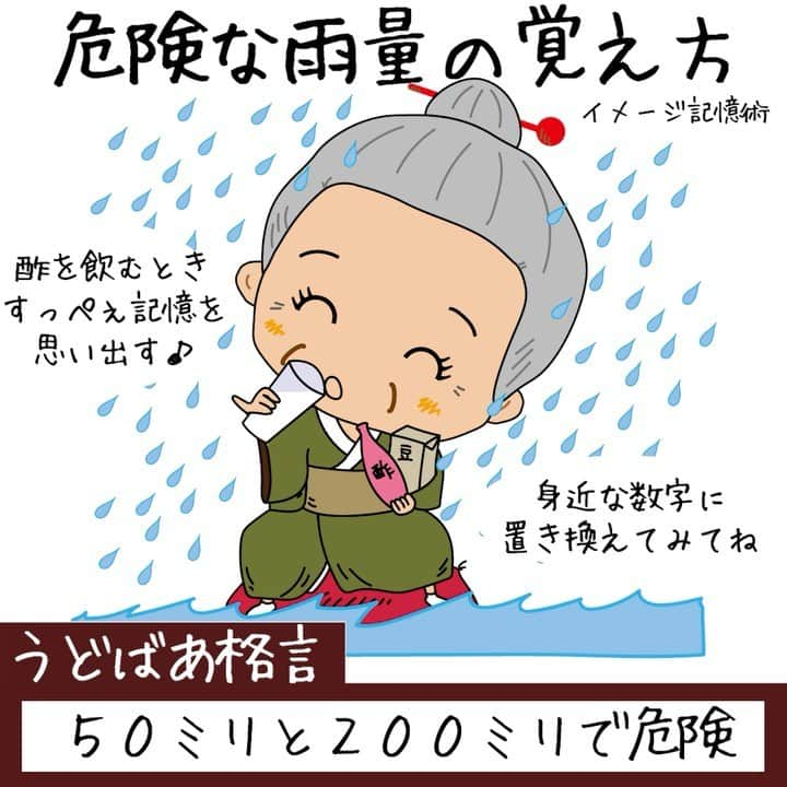 有働由美子のインスタグラム：「👵 #うどばあちゃん の前向きに暮らさないと人生損損　#070    急に冷え込んだねえ 我が家は 小さい方の犬がのたうちまわっててよ どうしたのかと口の中を覗いたら 口の中でアリさん暴れたみたいで 取り出して逃してあげたよ。 どちらにとっても災難でしたねえ。 植物をおくようになって 虫が家の中に入ってくるねえ 大自然の一部と思えばいいが。。。 台風⛈とも共存しなくちゃね 👉イメージ記憶術👈で覚えてね～。     #うどばあちゃん　の#070 #台風　#14号 #大雨　#風 に注意 #新しい日常の　#防災対策　 #備えも#避難も、早め早めで繰り返し #災害　から #命　と　#暮らし　を守る #みなさんの年齢の、地域の方に伝わる言葉で伝えてください #有働由美子#yumikoudo #udobachan #covid19 #japan #newnormal#saigai#bousai#szero」