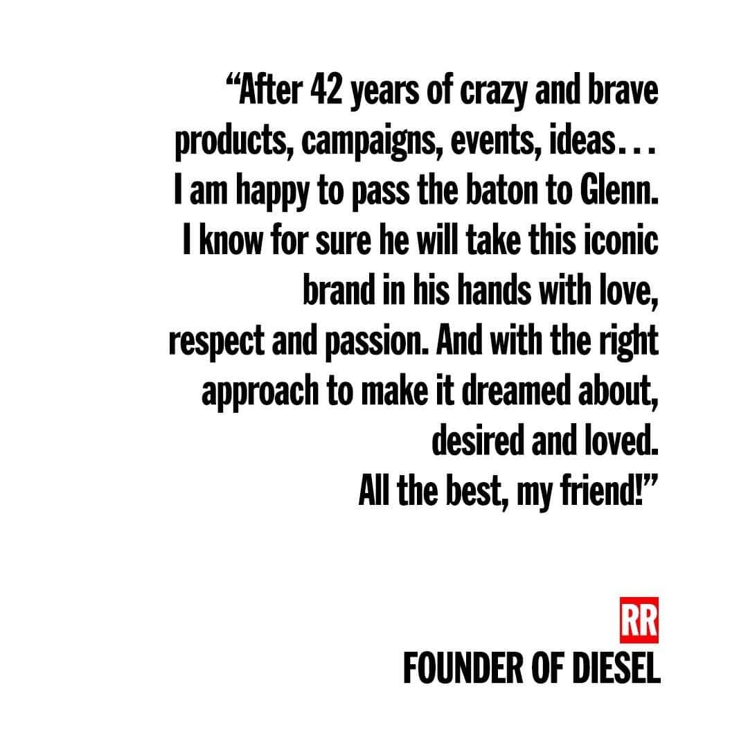 ディーゼルのインスタグラム：「OTB is proud to announce the appointment of @glennmartens as Creative Director of Diesel effective immediately. In his new role, Glenn will overview the global brand’s style, communications, interior design, and more in general its overall creativity.   Born in 1983, Glenn Martens is a Belgian designer who started his career at Jean Paul Gaultier, and since 2013 he is the Creative Director of Parisian brand Y/Project. In 2017 Glenn won the ANDAM award (of which OTB is one of the historical supporters), and in 2018 Glenn was one of the guest designers of Diesel’s experimental capsule series Diesel Red Tag.   Thus Renzo Rosso, founder of Diesel: “Ever since I met Glenn in 2017 I saw his experience grow and his talent cement. Working with him on Diesel Red Tag, going through our company’s archives and heritage together, seeing him interact with the brand, brought us closer, and I am happy to now see him take the helm of Diesel, where he will marry his design vision with the iconoclastic values of this unique brand”.  “I am extremely honored and excited to join the Diesel family. Synonymous with radicality, honesty, and optimism, Diesel helped shape the way we see the future. Its unique voice has made it an undeniable icon. Today, more than ever, I feel the need to celebrate these founding values, to build bridges through a message of hope”, is the comment of Glenn Martens.」