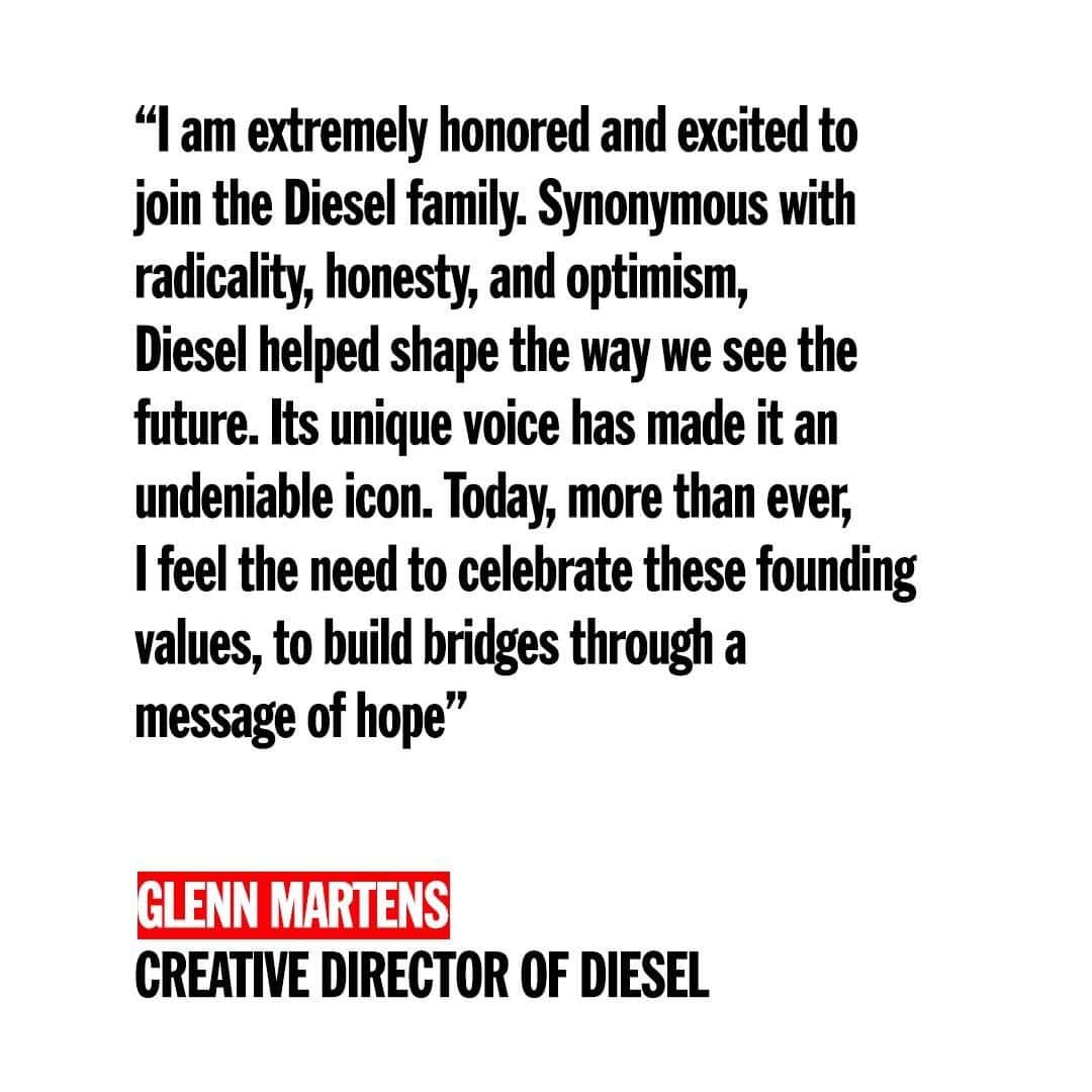 ディーゼルのインスタグラム：「OTB is proud to announce the appointment of @glennmartens as Creative Director of Diesel effective immediately. In his new role, Glenn will overview the global brand’s style, communications, interior design, and more in general its overall creativity.   Born in 1983, Glenn Martens is a Belgian designer who started his career at Jean Paul Gaultier, and since 2013 he is the Creative Director of Parisian brand Y/Project. In 2017 Glenn won the ANDAM award (of which OTB is one of the historical supporters), and in 2018 Glenn was one of the guest designers of Diesel’s experimental capsule series Diesel Red Tag.   Thus Renzo Rosso, founder of Diesel: “Ever since I met Glenn in 2017 I saw his experience grow and his talent cement. Working with him on Diesel Red Tag, going through our company’s archives and heritage together, seeing him interact with the brand, brought us closer, and I am happy to now see him take the helm of Diesel, where he will marry his design vision with the iconoclastic values of this unique brand”.  “I am extremely honored and excited to join the Diesel family. Synonymous with radicality, honesty, and optimism, Diesel helped shape the way we see the future. Its unique voice has made it an undeniable icon. Today, more than ever, I feel the need to celebrate these founding values, to build bridges through a message of hope”, is the comment of Glenn Martens.」