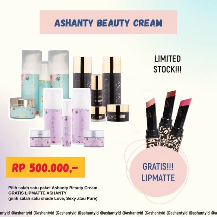 ASHANTY BEAUTY CREAM OFFICIALのインスタグラム：「🎉ASHANTY BEAUTY CREAM SPECIAL PROMO 10.10 🎉  Dapatkan harga super hemaaaat setiap pembelian  Ashanty Beauty Cream (pilih salah satu series Whitening, Acne atau Anti aging) hanya Rp 500.000,- dan dapatkan FREE LIPMATTE ASHANTY (pilih salah satu shade Love, Sexy, Pure) senilai Rp 89.000,- 🤩🤩🤩  Superrrrr hemaaat!!!! Buruan yuuk pesan sekarang juga sebelum kehabisann !!! Stock sangat terbatas yaaaa, periode promo 02 - 10 Oktober 2020 😍  Tampil cantik menggunakan Ashanty Beuaty Cream dan dapatkan bibir merah merona menggunakan Ashanty Beauty Cosmetics 💋💄  Informasi lebih lanjut kamu bisa langsung kunjungi dan follow official instagram @ashantyid ✨  _____________________________ Informasi dan pemesanan  Ashanty Beauty Cream Chat Via WA : WA: 081293823950 WA: 081287388885 WA: 085781140354 WA: 087778489900 ⚡️ Fast Respons Click Link On Bio Instagram @ashantyid ❣️ ______________________________ #ashantybeautycream #creamashanty #skincareashanty #skincare #skincareartis #skincarelokal #creamwajah #creamperawatanwajah #obatjerawat #jerawat #kosmetik #krimwajah #creamwajah #whiteningcream #ashantyid #ashanty」