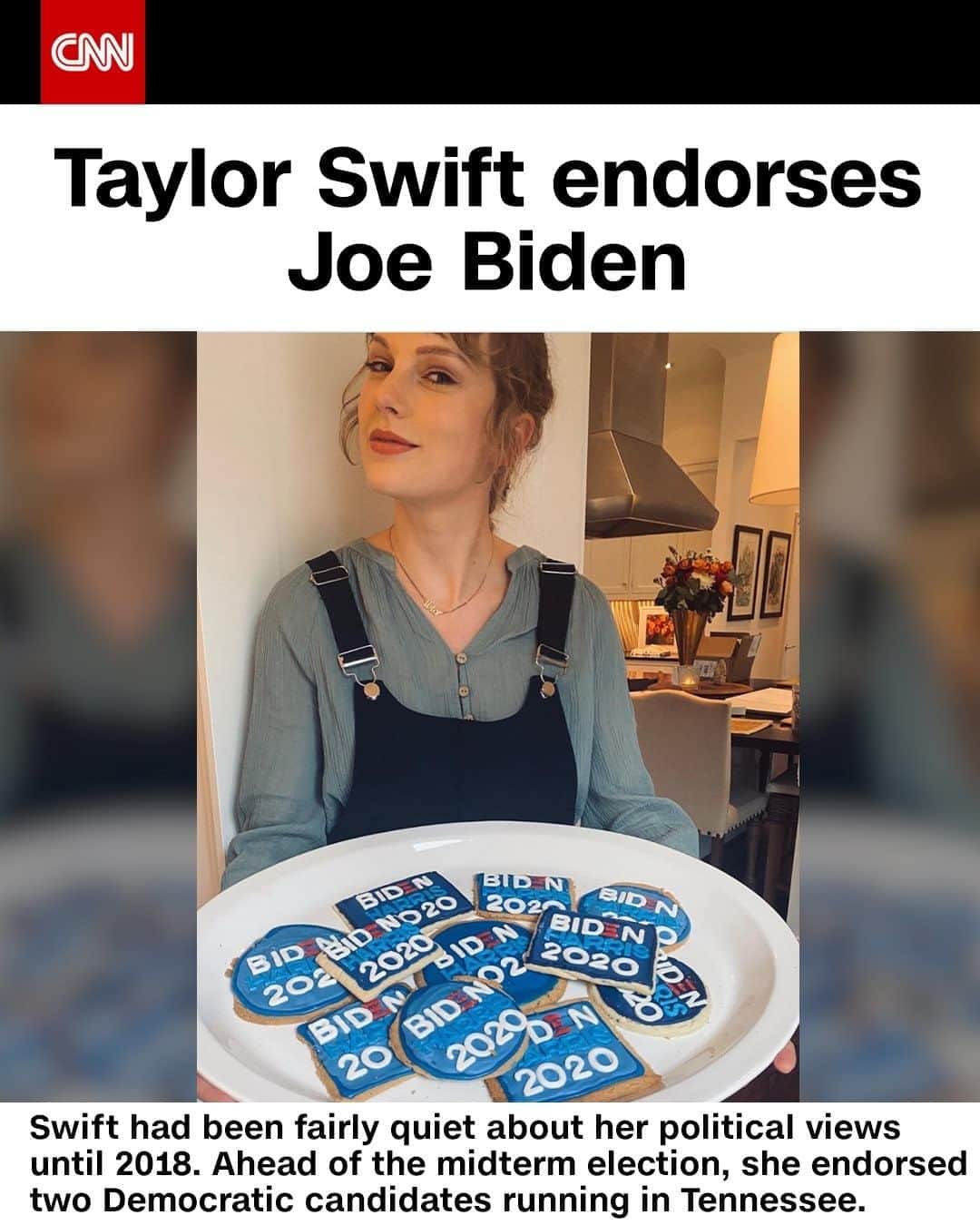 CNNさんのインスタグラム写真 - (CNNInstagram)「Taylor Swift announced she will be voting for Democratic presidential nominee Joe Biden in the upcoming November election. "The change we need most is to elect a president who recognizes that people of color deserve to feel safe and represented, that women deserve the right to choose what happens to their bodies, and that the LGBTQIA+ community deserves to be acknowledged and included," Swift told V Magazine. "Everyone deserves a government that takes global health risks seriously and puts the lives of its people first. The only way we can begin to make things better is to choose leaders who are willing to face these issues and find ways to work through them."⁠ (📸: @taylorswift/Instagram)⁠」10月8日 10時08分 - cnn