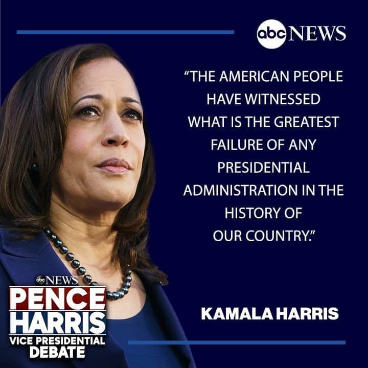 ABC Newsさんのインスタグラム写真 - (ABC NewsInstagram)「“The American people have witnessed what is the greatest failure of any presidential administration in the history of our country,” Kamala Harris says in response to first question of #VPDebate on how a Biden administration would handle COVID-19. #coronavirus #kamalaharris #mikepence」10月8日 10時17分 - abcnews