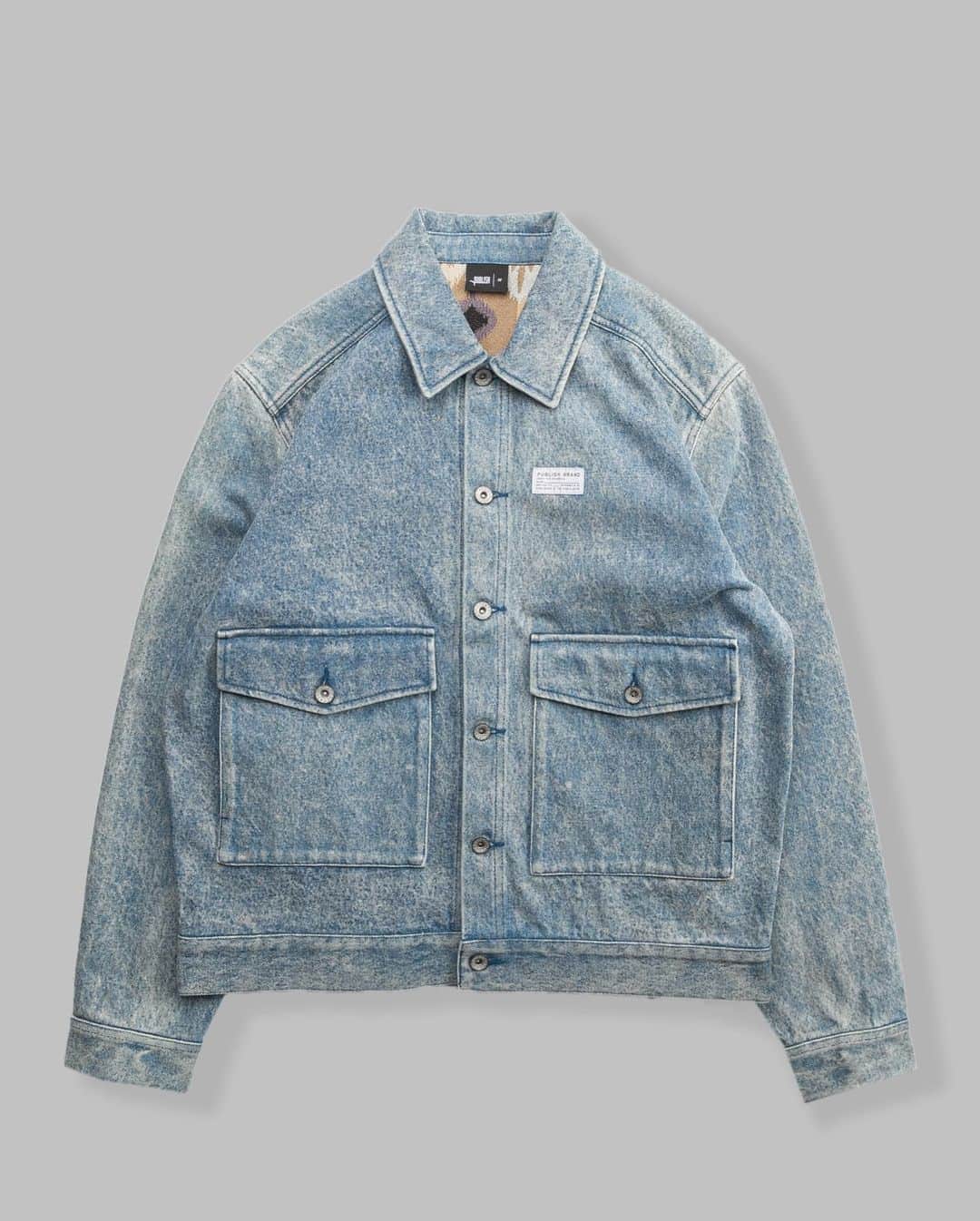 パブリッシュブランドのインスタグラム：「Crawford - denim collared workwear jacket, light enzyme washed for a worn look, and Ganado contrast fabric back panel.  . . . . #publishbrand #todayfortomorrow #goodvibesonly #denimjacket」