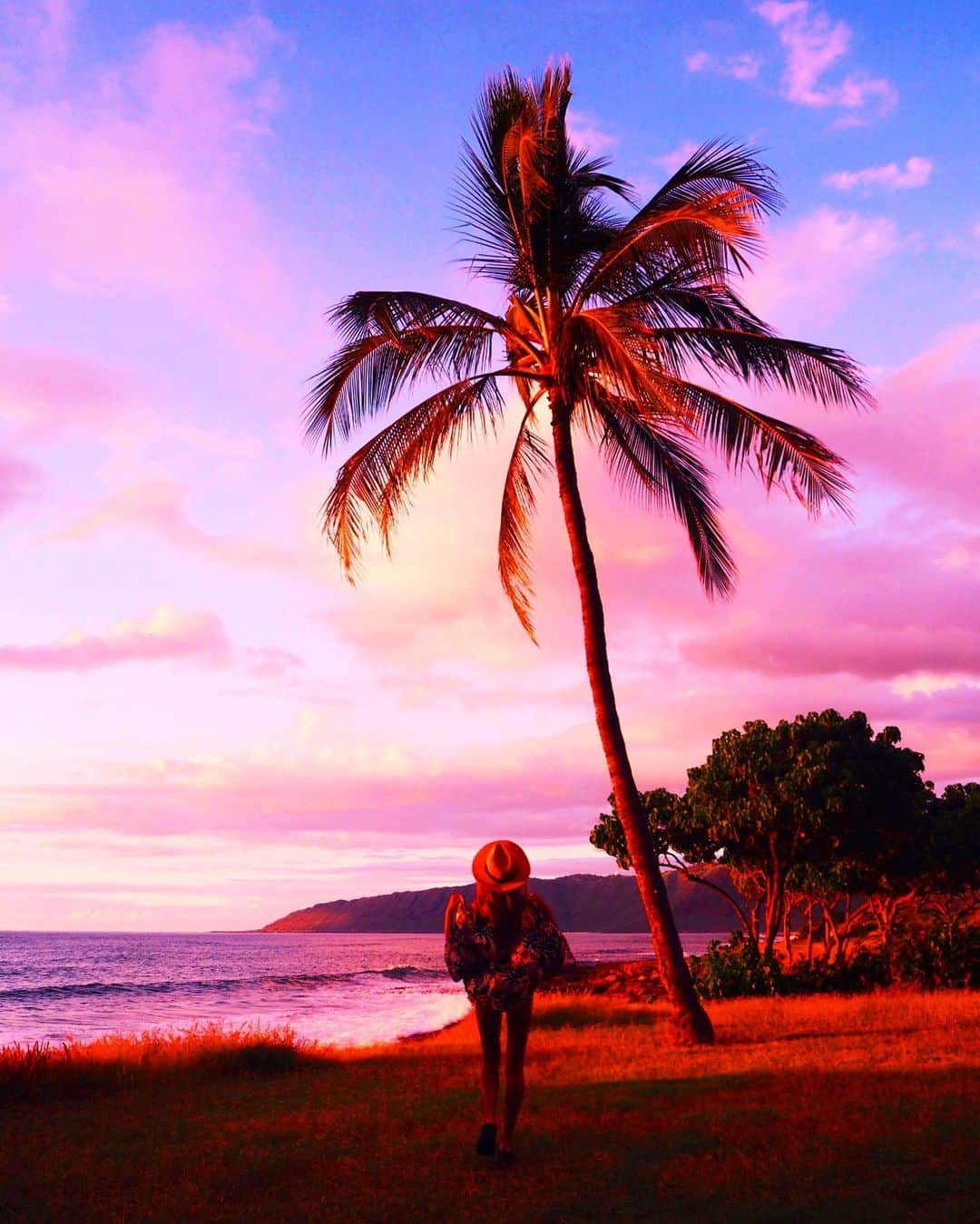 のインスタグラム：「💗🌴💗🌴💗 ・ 西オアフのローカルなビーチ。 周りに誰もいなくて この景色とサンセットを一人占め♡ ・ 奥にはワイアナエ山脈が見え、 1本すらっと立ってるヤシの木が 更に雰囲気を出してくれてる🥰💗 ・ #hawaii#islandofoahu#oahu#ハワイ#trip #オアフ島#travel#loco_hawaii#travel_jp #funtorip#タビジョ#旅MUSE#genic_travel #genic_mag#たびねす#旅行#genic_hawaii #keaaubeachpark#beach#sunset#oahuhawaii #tabijyomap_hawaii#lealeahawaii#2020」