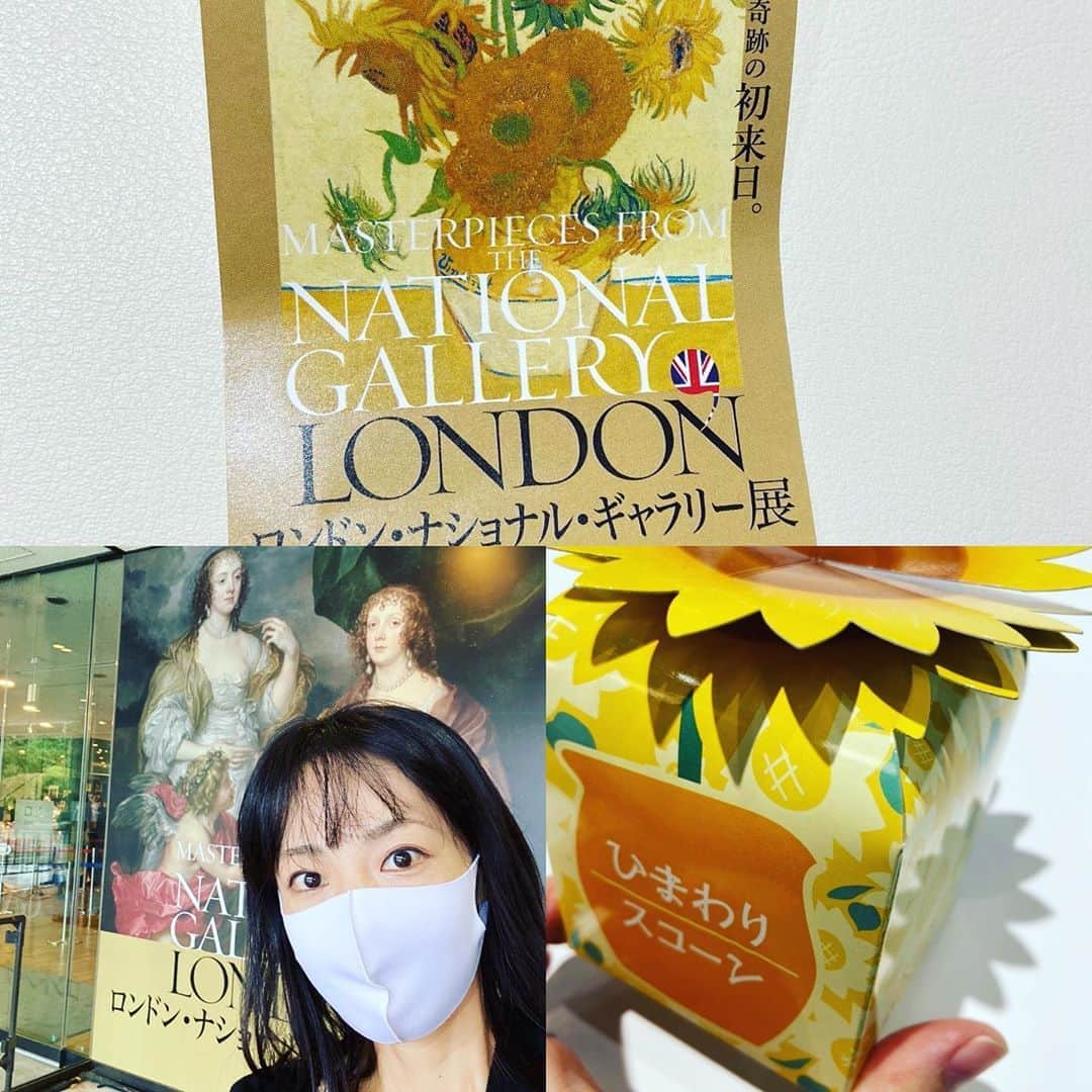 御影倫代のインスタグラム：「Masterpieces from the National Gallery London ロンドンナショナルギャラリー展に行ってきました。コロナで時間指定だったせいか、いつもよりゆったり鑑賞できました。レンブラントやフェルメール、モネ、そしてヴァンゴッホのひまわり🌻もゆっくり観られてなんだか心がほんわりしました。お土産にひまわりのスコーン。 #ロンドンナショナルギャラリー展 #masterpiecesfromthenationalgallerylondon」