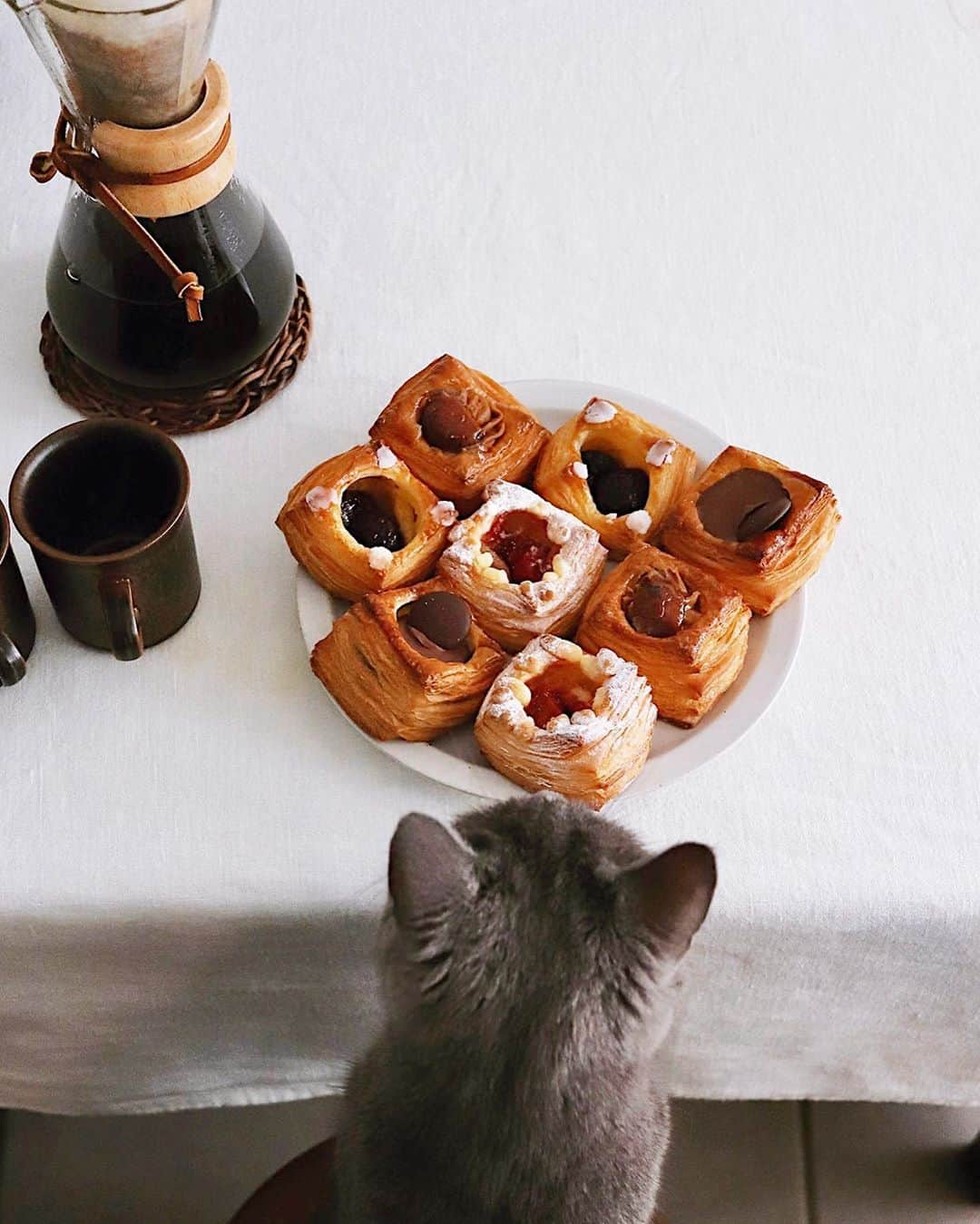 樋口正樹さんのインスタグラム写真 - (樋口正樹Instagram)「Danish Pastry . 今日のおやつヒュッゲは 甘くちいさなデニッシュ、 淹れたてのコーヒー＆猫。 . アンデルセンのちいさな TAKデニッシュは４種で チェリー、ルバーブ＆苺、 チョコ、マロンがあって、 わたしはチェリーが好き、 秋なのでマロンも好きで、 結局全部を食べてしまう。 . ちなみに、 デニッシュ生地は３２層、 ４個を重ねると１２８層。 . ちなみに、 開催中のアンデルセンの デンマーク・フェアより デニッシュペストリーが リニューアルしてますよ。 @andersen_official_jp . さらにちなみに、 "TAK"は "タック"と読み、 デンマーク語で、意味は "ありがとう"なのですー。 人気のTAKデニッシュは 創業７０周年を記念して 感謝の気持ちを込め開発。 ちょっとした差し入れに 嬉しいデニッシュですね。 . . #ありがとう #アンデルセン #パン #TAKデニッシュ #デニッシュ #デニッシュペストリー #ベーカリー #アンデルセンのパン #ヒュッゲ #デンマーク #デンマークフェア #パンのある暮らし #パンのある生活 #パンスタグラム #パン大好き #andersen #bread #bakery #hygge #copenhagen #bageri #denmark #🇩🇰 #Danishpastry」10月8日 16時06分 - higuccini