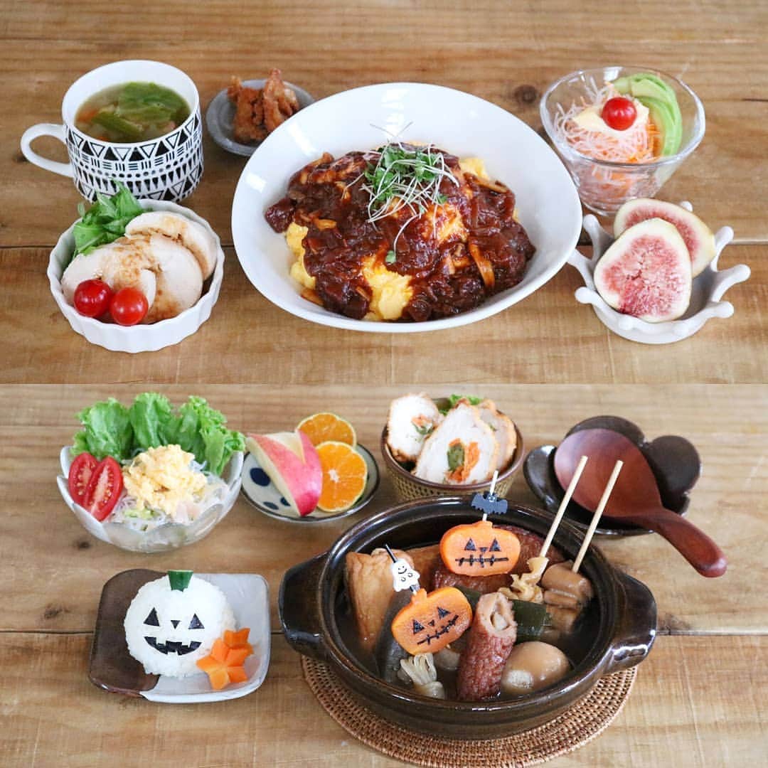 yunaのインスタグラム：「♩ . #まとめて投稿 #ひとりごはん . . 🍚デミオムライス 鶏ハム 大根サラダ 野菜スープ 鶏皮のから揚げ いちじく . . 🍚おでん 春雨サラダ ササミフライ フルーツ 🎃おにぎり . . 双子の妹からおでんのおすそわけ🍢 しみしみで美味しい👌 妹の真似してハロウィンっぽくしてみた🎃 . . #yunaご飯#lin_stagrammer#kurashiru#delistagrammer#Japanesefood#ロカリキッチン#デリスタグラマー#クッキングラム#クッキングラムアンバサダー#タベリー#フーディーテーブル#Kissカメラ#iegohanphoto#てづくりごはん365#おうちごはん#おうちごはんlover#ママリクッキング#マカロニメイト#キッチングラム#おうちカフェ#夜ごはん#晩ごはん#dinner#ハロウィン#🎃#ハロウィンごはん#🍢#おでん」