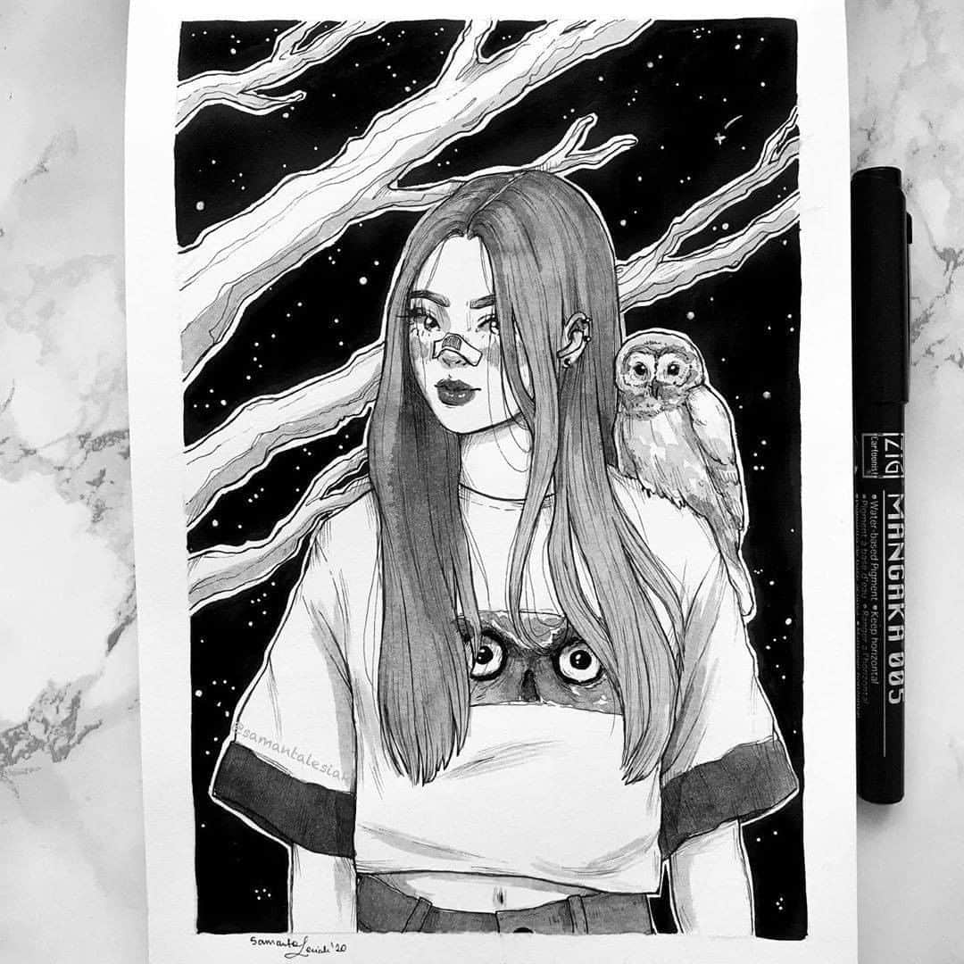 のインスタグラム：「白と黒の加減によってモノクロの中にもたくさんの色が見えますね！ Amazing illustration of monochrome❤   Art by: @samantalesiak  Made With: ZIG Cartoonist MANGAKA  #kuretake_inktober #kuretake #kuretakezig #inktober #inktober2020 #呉竹 #インクトーバー #インクトーバー2020  #kuretakeinktober #blackandwhite #blackandwhiteart #inkdrawing #inkart #owl」