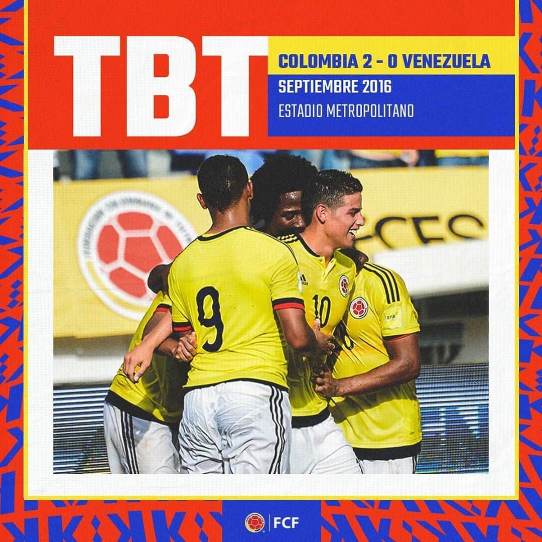 サッカー コロンビア代表チームのインスタグラム：「Se acerca un nuevo debut y por eso traemos un #TBT para la ocasión 💪  🏆 Clasificatorias Copa Mundial de la FIFA Rusia 2018 🏟 Metropolitano de Barranquilla ⚽ @jamesrodriguez10 y @macnellytorres010  🇨🇴2️⃣-0️⃣🇻🇪  📸 ⬇」