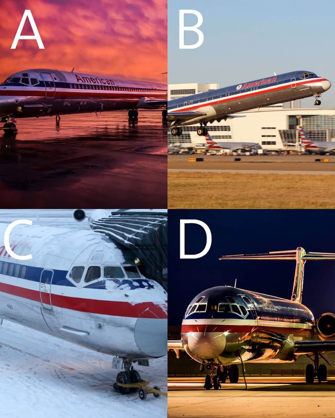 アメリカン航空のインスタグラム：「It’s #ThrowbackThursday, so we had to #tbt to one of our faves — the MD-80! Today, we want to know … which #Super80 are you? Comment below!  A. Watch the sunset. B. Go on an excursion. C. Hit the slopes. D. I like the night life, baby!」