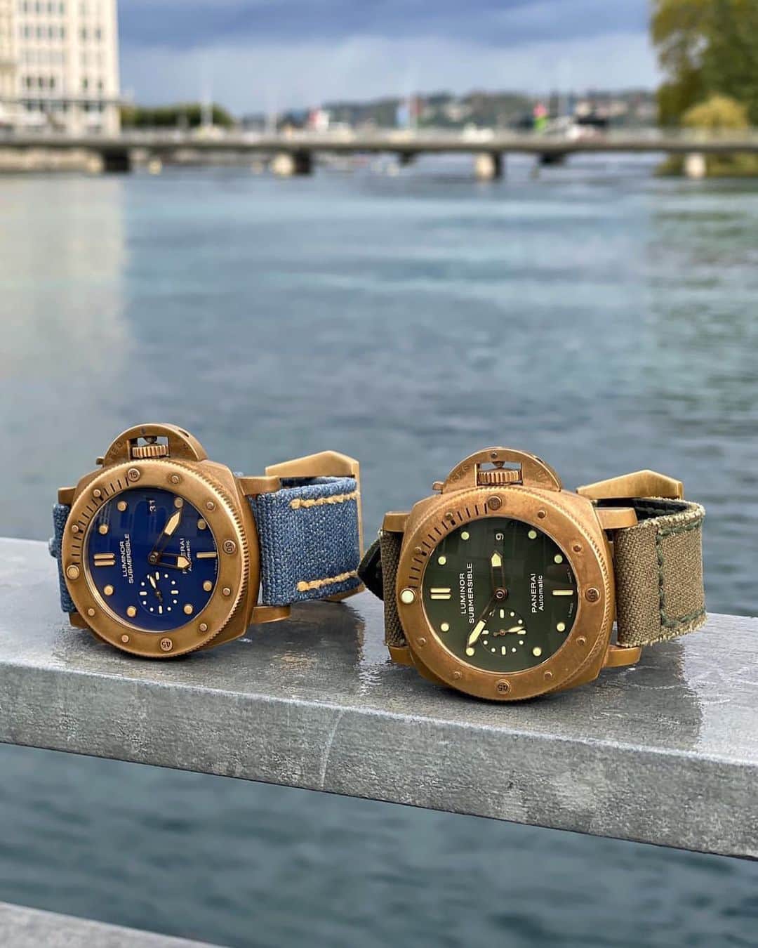 パネライのインスタグラム：「A super tough choice. But which one is your winner in the bronzo challenge? The original green dial #PAM382 or the Blue dialed #PAM671? Comment below! Pic by buddy @juan_j4s #paneraicentral」