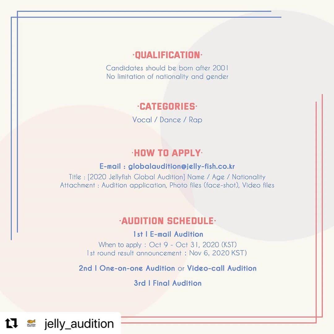 Jellyfish Entertainmentさんのインスタグラム写真 - (Jellyfish EntertainmentInstagram)「#Repost @jelly_audition with @make_repost ・・・ ⠀⠀⠀⠀⠀⠀⠀⠀⠀⠀⠀⠀⠀⠀⠀⠀ [2020 JELLYFISH GLOBAL AUDITION] will be held! ⠀⠀⠀⠀⠀⠀⠀⠀ If you're into singing, dancing, rapping or K-POP, don't hesitate to apply!  ⠀⠀⠀⠀⠀⠀⠀⠀⠀⠀⠀⠀⠀⠀⠀⠀ For more information, visit our official website. www.jelly-fish.co.kr  ⠀⠀⠀⠀⠀⠀⠀⠀⠀⠀⠀⠀⠀⠀⠀ #kpop #entertainment #audition #globalaudition #vocal #dance #rap」10月9日 13時00分 - jellyfish_stagram