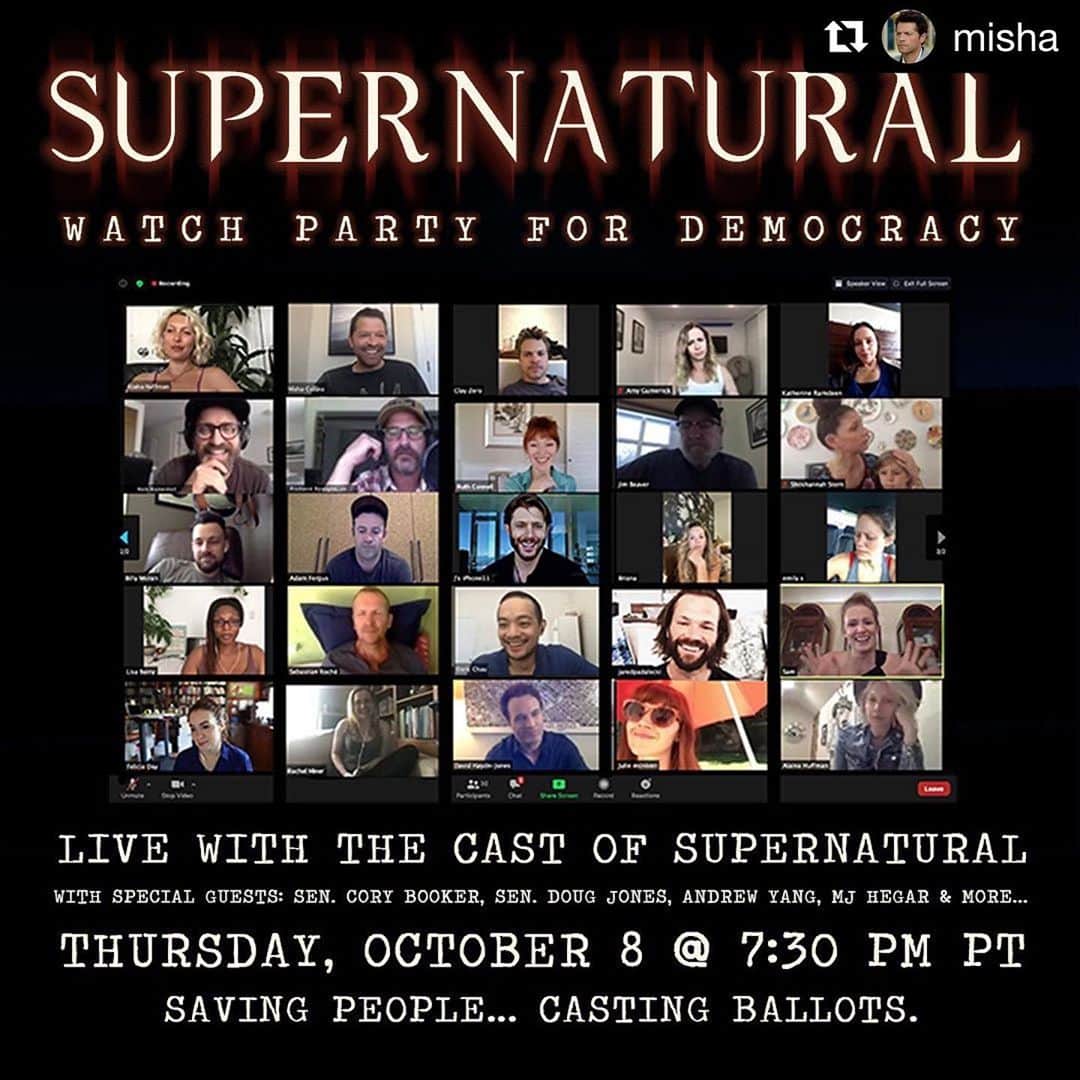 のインスタグラム：「Come at 7:30 for some convo about #GOTV, or just head over at 8 for the main event and the biggest watch party #Supernatural has ever seen!  But MAKE SURE YOU RSVP to secure your spot: bit.ly/SPNVotes * UPDATE!!! 🤩🤩🤩 If the Zoom is full, watch here:  http://bit.ly/MishaTV * #spnfamily #supernaturalseason15   #Repost @misha with @get_repost」