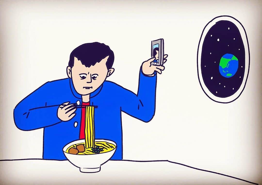 おほしんたろうのインスタグラム：「剃り込みを録画しながらラーメンを食う（宇宙で）。 . .  . . . #おほまんが#マンガ#漫画#インスタ漫画#イラスト#イラストレーション#イラストレーター#宇宙#ラーメン#ヘアスタイル」