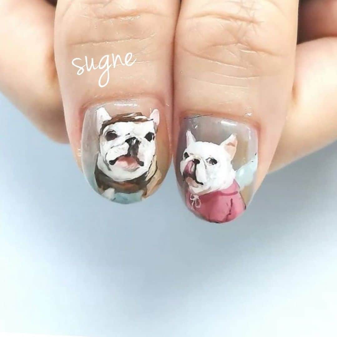 ネイル アイ サロン スグネのインスタグラム：「french bulldog byちひろ @sugnechihiro  イラストありのオーダーメイドコース痛ネイル等は事前にお知らせください。 . #sugne #sugneうちの子 #うちの子ネイル#ネイル#ネイルデザイン#ネイル#カジュアルネイル#ショートネイル#ネイル#ニュアンスネイル#ニュアンスアート#nail#かわいい#nailart#手描きアート#手描きネイル#高田馬場ネイル#高田馬場」