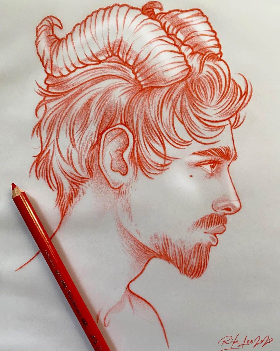 Rik Leeのインスタグラム：「Sketching the next piece in my zodiac series. I think you’ll be able to guess his sign? . #riklee #illustration #zodiac #zodiacsigns #horoscope #starsigns #art #design #capricorn #goat #seagoat #portrait」
