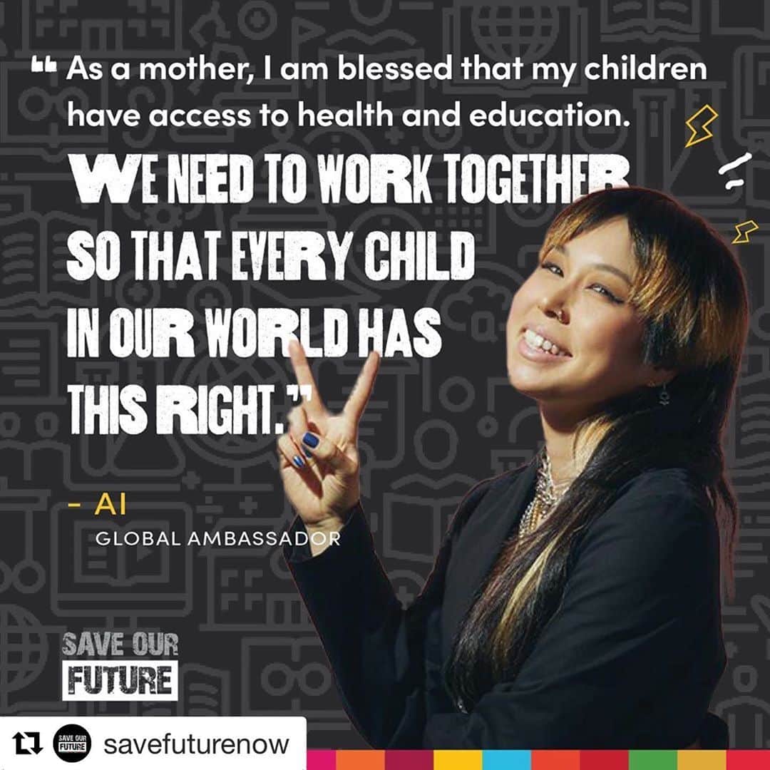 AIさんのインスタグラム写真 - (AIInstagram)「Save our future👨‍👩‍👦‍👦✨✨✨  日本は子供達の教育、医療ととても恵まれている国、世界中の子供たちが同じような環境に恵まれていきますように🙏🏼  #SaveOurFuture #youngpeoplerevolution  #whosnext」10月9日 11時43分 - officialai