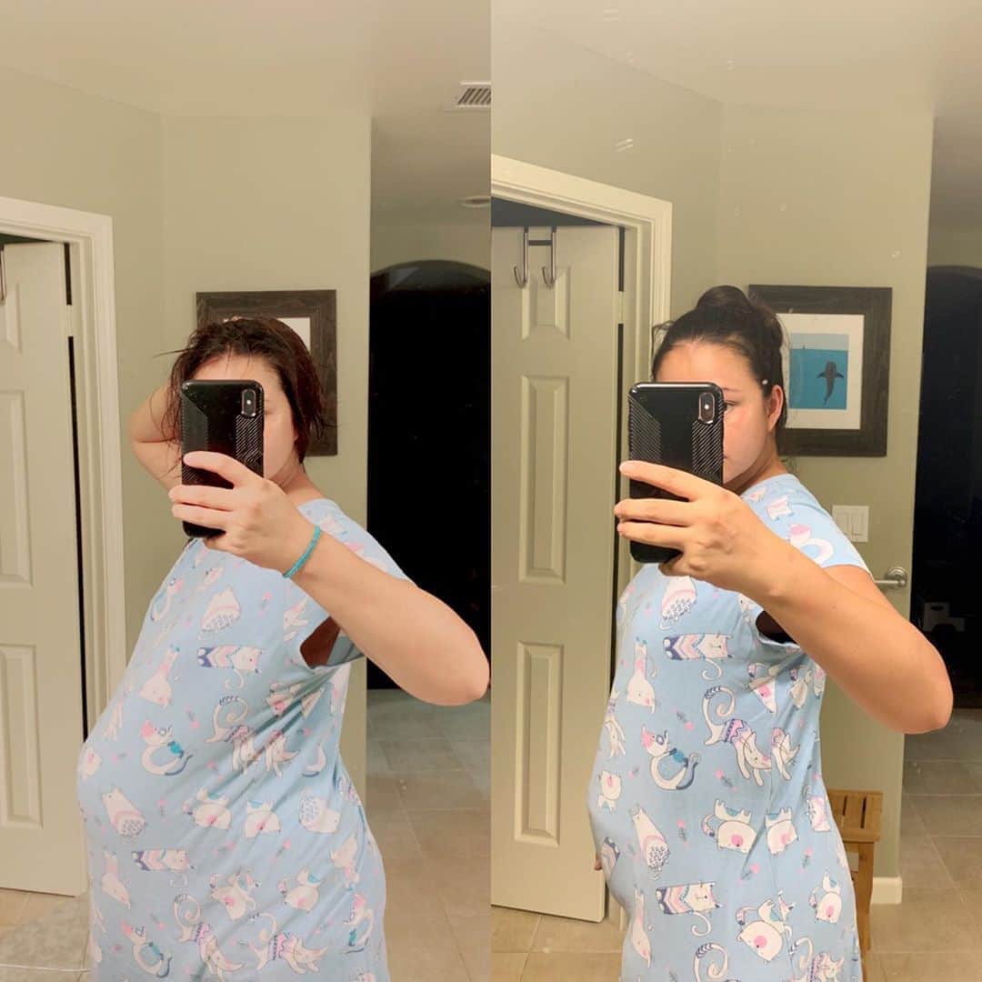 エリナ シルカのインスタグラム：「38w pregnant →7days postpartum ☺️🐱 出産前日と産後1週間でかなりネコがスリムになりました。笑」