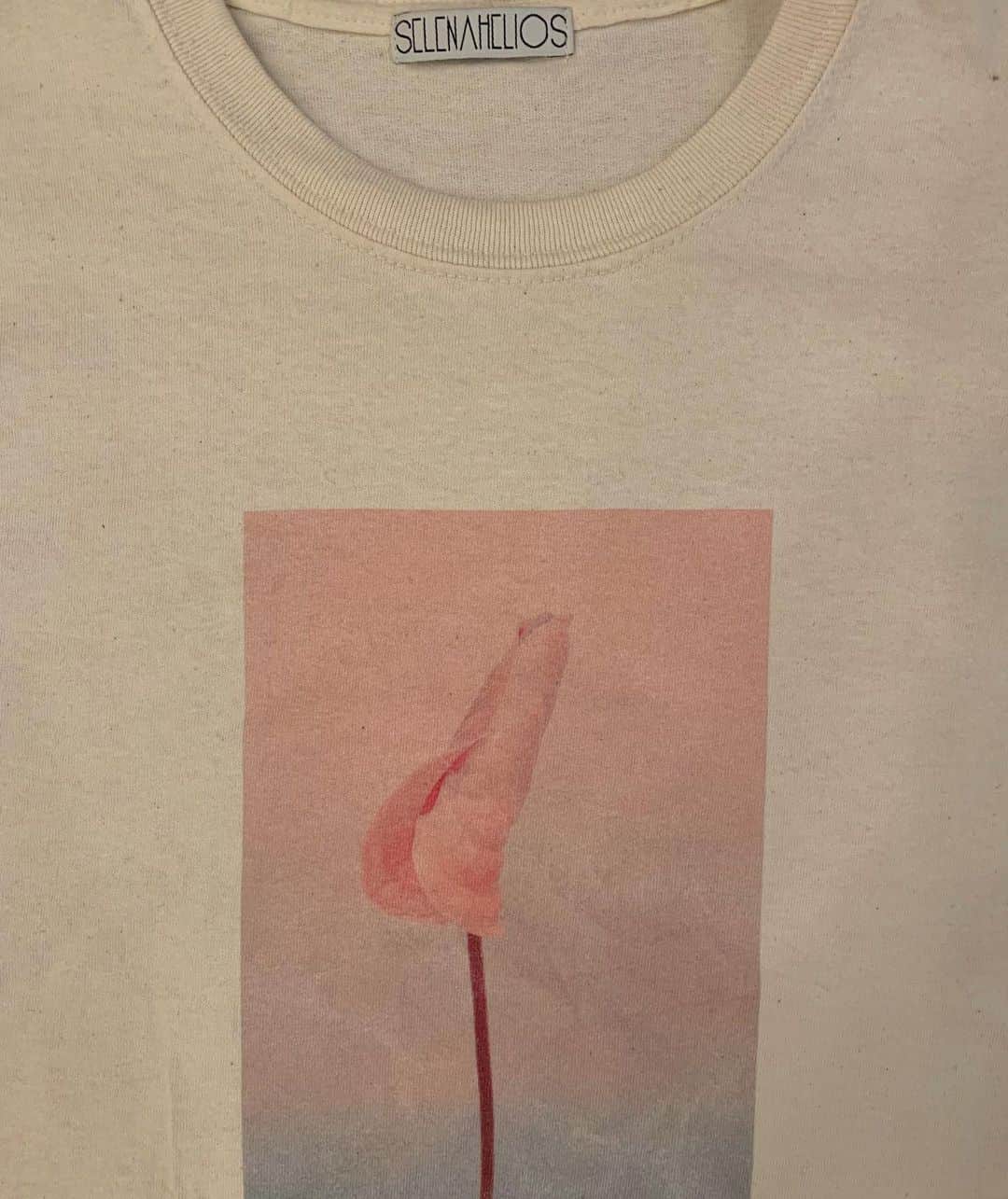 nanako itoのインスタグラム：「友人の　@kaoriudagawa のブランド@selenahelios とのコラボTシャツでプリントのデザインをさせていただきました。 . お花はアンスリウム。 バックプリントは花言葉で  "飾らない美しさ"  という意味で書かれています。 . "Undecorated  beauty" . サイズはLのみです。 着丈、身幅は3枚目をご覧ください✨ 10月中旬からご予約開始になります。 @selenahelios のプロフィールから近日中に予約開始になりますのでチェックしてみてください✨  . deliveryは11月〜 . 気に入っていただけた方に着てもらえたら嬉しいです。✨」