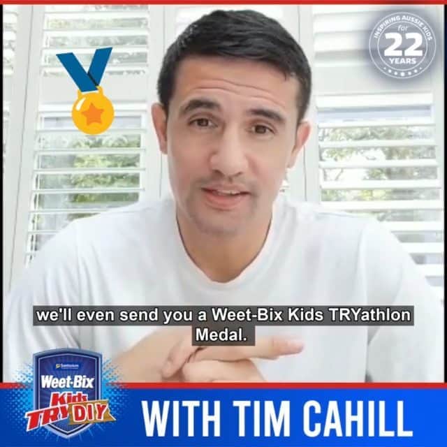 ティム・ケーヒルのインスタグラム：「One of the biggest events of the year in Australia is cancelled but my jobs to help all you boys and girls to have a go at out #TRYDIY program. 🏊🚵🏃🏾‍♀️Click the link on @aussiekidstry BIO to find out all the details @weetbixau • • • • • • Hey TRY DIY participants, we have our #TRYDIY ambassador @tim_cahill  with a special message for you all to get out and give the #TRYDIY a TRY. Don’t forget that every entry into #TRYDIY gets a medal and a entry into our weekly and major prize draw. Register for the #TRYDIY through the link in our bio.」
