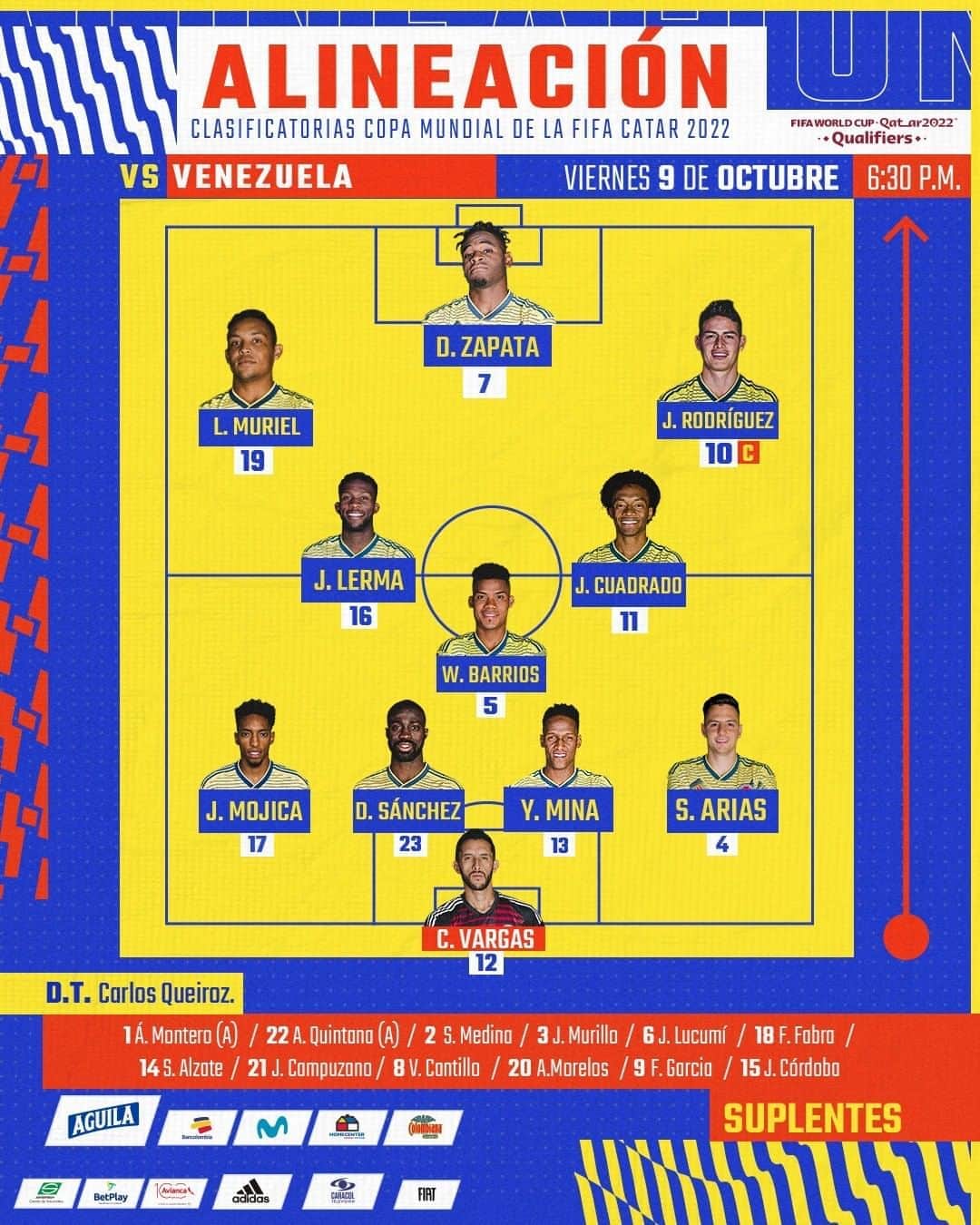 サッカー コロンビア代表チームのインスタグラム：「🚨 ¡ATENCIÓN! este es nuestro 11 inicial con el que enfrentaremos a @fvf_oficial   ¡Con toda, muchachos!  #VamosColombia 🇨🇴 #COLVEN」