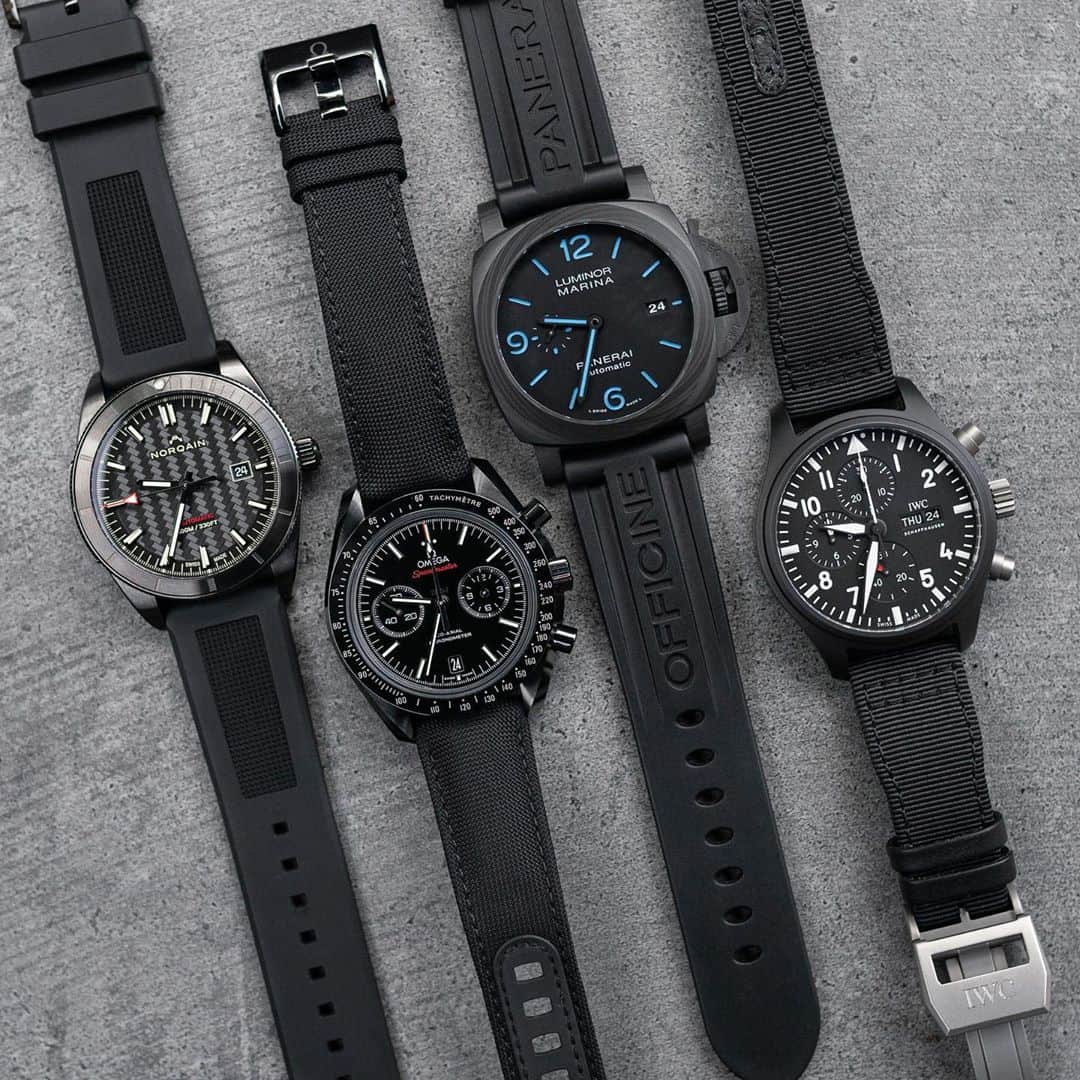 パネライのインスタグラム：「4 black beauties from my good friend @pbandwatches. The #Panerai #PAM1661 grouped with a few friends from #IWC #Omega & #Norqain.  #paneraicentral」