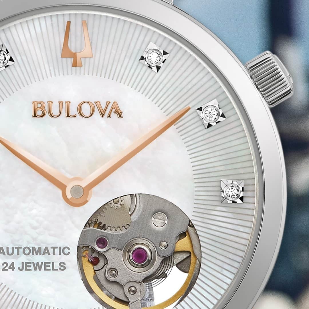 ブローバのインスタグラム：「The heritage-inspired Regatta collection includes this new, sleek ladies automatic timepiece that features diamonds and an open aperture on the dial. #Bulova — ⏱: 96P222 MSRP: $695.00 USD CASE: ø 32.2 mm」