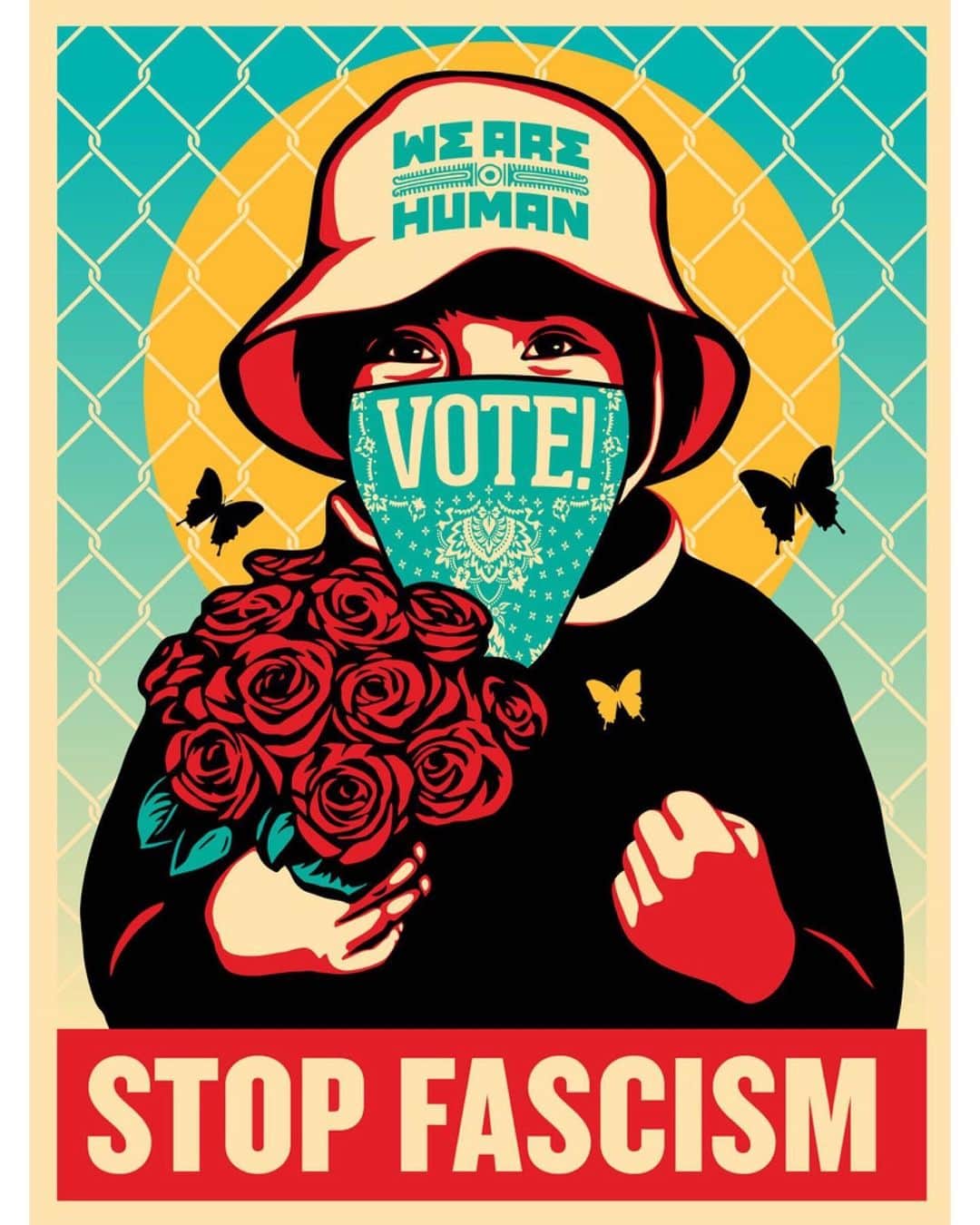 Shepard Faireyのインスタグラム：「I’m pro-democracy and human rights and anti-fascism and discrimination, so I was delighted to work with Ernesto Yerena (@ernestoyerena) and NDLON (@DayLaborerNetwork) on an update of the We Are Human poster to encourage voting and action toward a more just nation. The "Vote! Stop Fascism" prints will be available TODAY, October 9th at 10AM PDT through Ernesto’s site: https://hechoconganas.bigcartel.com/. Don’t miss it!⁠⠀ -Shepard⁠⠀ ⁠⠀ Vote! Stop Fascism⁠⠀ 18x24 inches⁠⠀ Edition of 450⁠⠀ Signed by Shepard Fairey & Ernesto Yerena⁠⠀ $50 + shipping⁠⠀ ⁠⠀ Vota! Alto Al Fascismo⁠⠀ 18x24 inches⁠⠀ Edition of 450⁠⠀ Signed by Shepard Fairey & Ernesto Yerena⁠⠀ $50 + shipping⁠⠀ ⁠⠀ “It’s an honor to once again collaborate with Shepard and NDLON (National Day Laborer Organizing Network) and release this new rendition of the We Are Human poster that we originally made over 10 years ago. This image is titled 'Vote! Stop Fascism.' The proceeds will go into printing more posters and also a massive sticker run to be given out in cities all across the country. Let’s ban together to Stop Fascism and make sure that we get Trump out of power! Thanks.”⁠⠀ -Ernesto Yerena⁠⠀ ⁠⠀ “Now is the time! Time to take heart and to take action. Together we rise to defend our families, to protect one another, to assert our rights, and to show our strength. In the days and weeks ahead, we will do everything we can to encourage people to vote, to stop Trump from delegalizing and deporting TPSianos, and to defend US democracy. NDLON is honored to partner with Ernesto Yerena and Shepard Fairey once again in offering a special series of signed prints. Proceeds will be used to distribute this image as posters and stickers around the country. NDLON a will also offering unique bandanas with messages advancing migrant rights, self-determination, and mutual care. The bandanas will be used to protect our health and to protect the health of our democracy if and when we need to take to the streets to ensure that all votes cast are fully counted.  Solo el pueblo salva al pueblo.”⁠⠀ -NDLON」