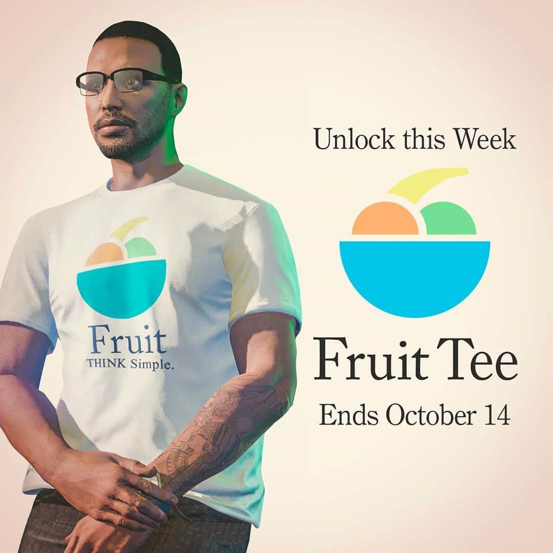 ロックスター・ゲームズさんのインスタグラム写真 - (ロックスター・ゲームズInstagram)「Play GTA Online anytime this week to receive the Fruit Tee and let your friends know that you take the “THINK Simple” lifestyle seriously.  Details on all the latest GTA Online bonuses at the Rockstar Newswire (link in bio)」10月10日 1時34分 - rockstargames