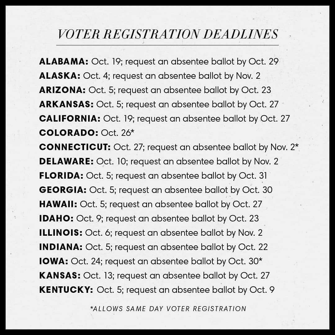 Harper's BAZAARさんのインスタグラム写真 - (Harper's BAZAARInstagram)「The presidential election is just 25 days away and today, there are voter registration deadlines in New York, Idaho, North Carolina, and Oklahoma. Swipe ➡️ to find your state’s deadline and then text VOTE to 56005 or tap the link in our bio to check your registration status now via @whenweallvote. Don’t forget to repost this on your Instagram to remind your friends and family of their deadlines, too. #vote」10月10日 4時47分 - harpersbazaarus