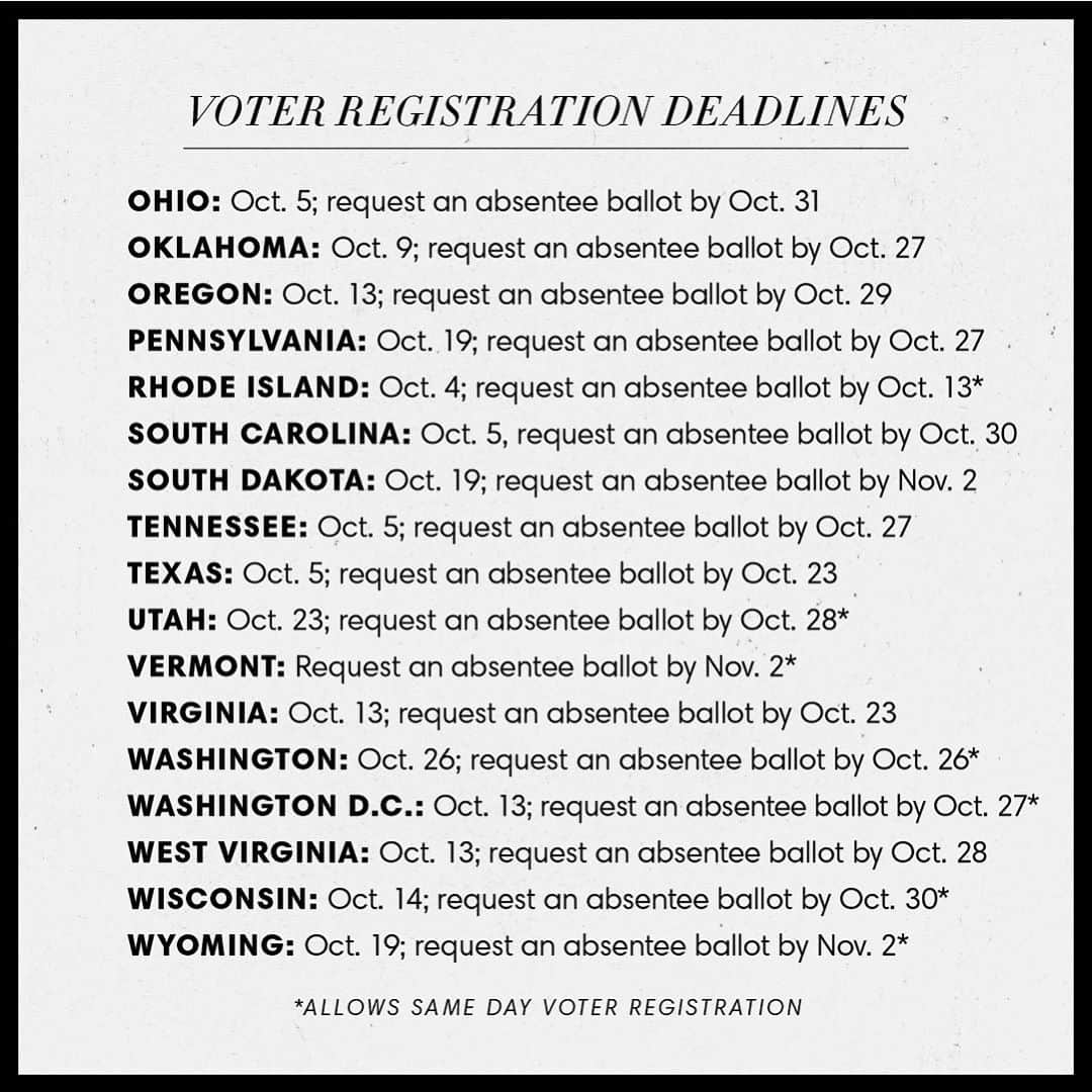 Harper's BAZAARさんのインスタグラム写真 - (Harper's BAZAARInstagram)「The presidential election is just 25 days away and today, there are voter registration deadlines in New York, Idaho, North Carolina, and Oklahoma. Swipe ➡️ to find your state’s deadline and then text VOTE to 56005 or tap the link in our bio to check your registration status now via @whenweallvote. Don’t forget to repost this on your Instagram to remind your friends and family of their deadlines, too. #vote」10月10日 4時47分 - harpersbazaarus