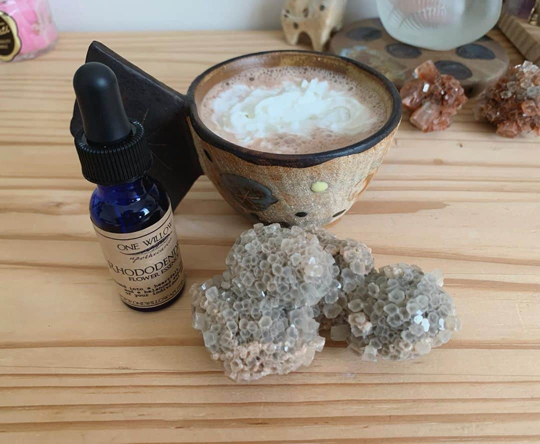 OLIVIAのインスタグラム：「This mornings self care ritual goodies-  -Snake skin aragonite (crystal) -Adaptogenic hot cocoa with steeped blue lotus, cocoa powder, #rhodiola #mucuna honey and coconut milk whipped cream. -rhododendron flower essence snake skin Snake skin aragonite from @exist_brightly」