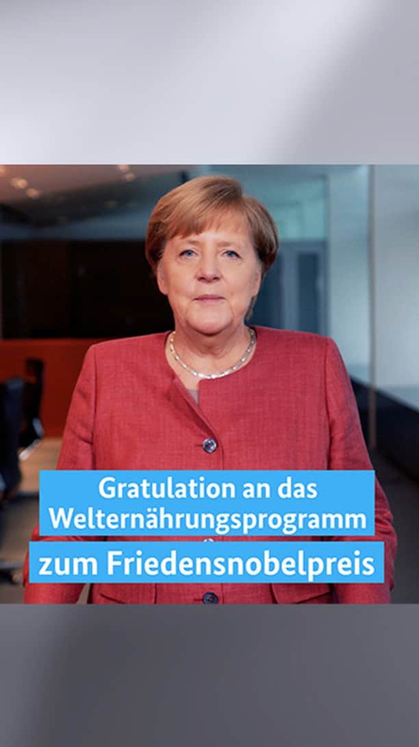 アンゲラ・メルケルのインスタグラム：「Mehr als 820 Millionen Menschen auf der Welt leiden unter Hunger. Das kann uns nicht ruhen lassen und deshalb ist die nun mit dem Friedensnobelpreis ausgezeichnete Arbeit des Welternährungsprogramms der Vereinten Nationen so wichtig, betont Kanzlerin Merkel im aktuellen Videopodcast vor dem Welternährungstag am 16. Oktober.  #Kanzlerin #Bundeskanzlerin #Merkel #Podcast #Friedensnobelpreis #Nobelpreis #worldfoodprogramm @worldfoodprogramme #unitednations @unitednations」