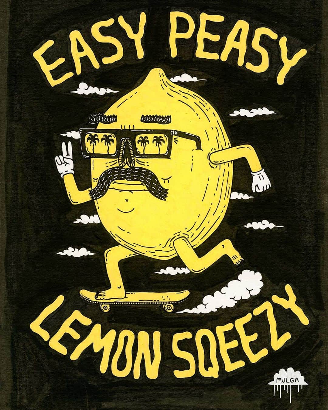 MULGAさんのインスタグラム写真 - (MULGAInstagram)「The original artwork of Lomax the Lemon 🍋 🛹 including the spelling mistake which Sarah alerted me to after I finished it 🤦🏻.⁣ ⁣ The original has been sold but you can still get Lomax the Lemon on clothing and canvas prints with jumpers and longsleeve tees now on sale. ⁣ ⁣ The story of Lomax the Lemon ⁣⁣🍋⁣ ⁣⁣⁣ Once there was a lemon called Lomax the Lemon and he was born with little gloves on and a natural affinity for skateboarding. When he was young Lomax and his buddies were skateboarding one time at an abandoned supermarket and they found a tunnel that led to an underground lake that had a pirate ship on it and it was filled with heaps of treasure but then some baddies tried to come and steal all the gold but they fought them off with their skateboards and sailed the ship out to sea to a magical island that was filled with contoured concrete and perfect for skateboarding on. It was called Skate Island and there was one kid living there called Rufio and he had a sweet mohawk and could skate heaps good and he let them stay there skating around and doing sweet tricks and stuff.⁣⁣⁣ ⁣⁣⁣ The End⁣⁣⁣ ⁣⁣⁣ #mulgatheartist #skateart #lemon #easypeasylemonsqueezy #lemonart #mulgatheartistshop #originalart」10月10日 8時28分 - mulgatheartist