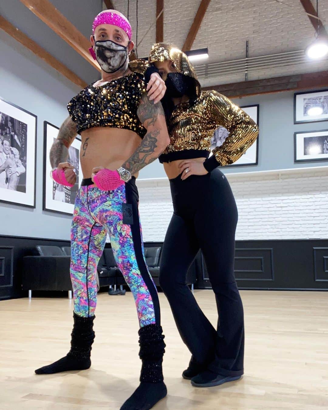 A.J.のインスタグラム：「What do you guys think about these outfits for 80s night on #DWTS? Should I convince @cherylburke to let me wear these pants on stage?? I vote yes!! #TeamPrettyMessedUp」