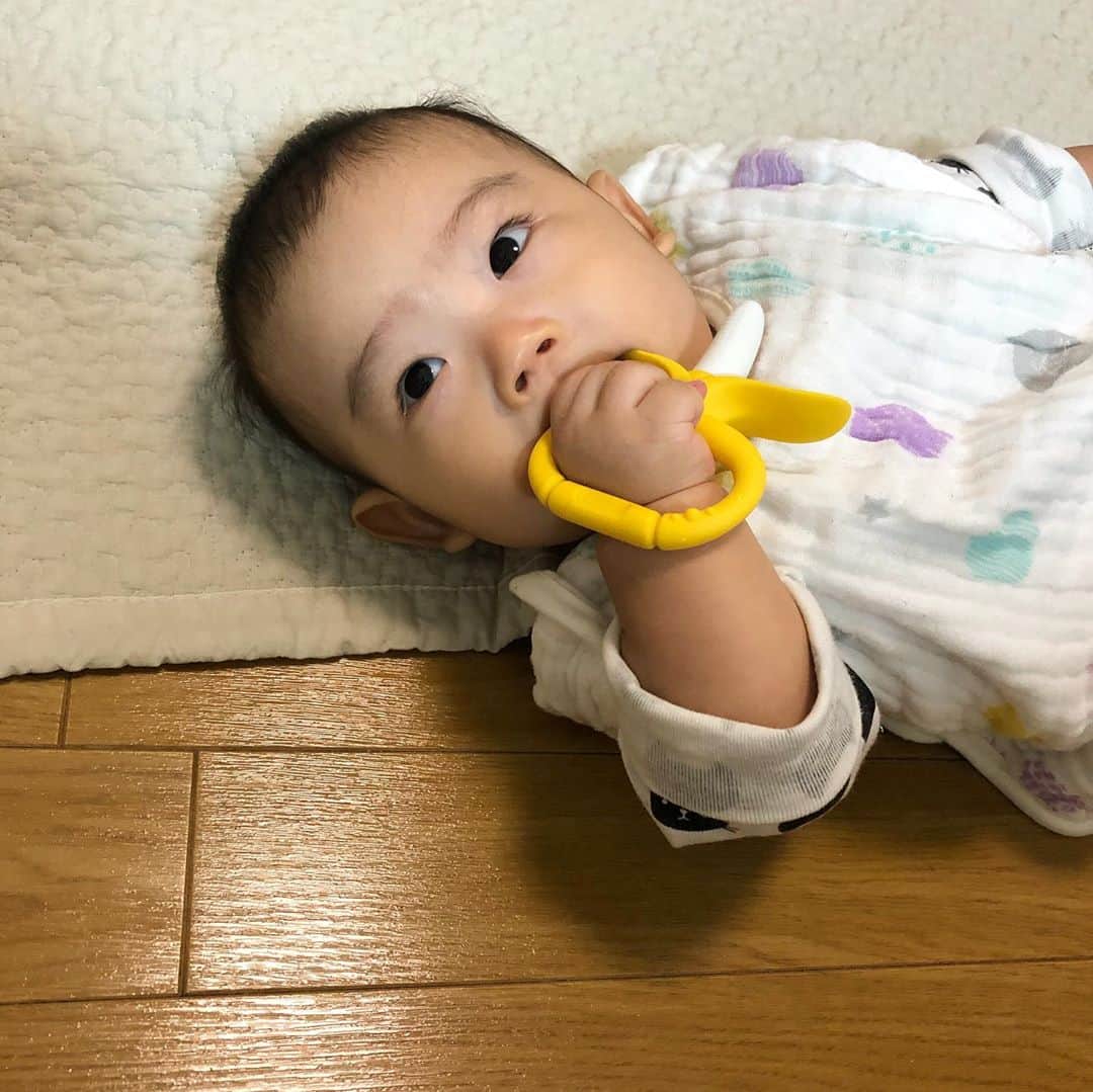 馬渕史香のインスタグラム：「寝返り打って、マットからはみ出てますが🤣 出産祝いでいただいた @official_edisonmama さんのカミカミBabyバナナリング  細いものなら持てるようになってきたで、渡すとしばらくこれで遊んでくれる🍌 ありがたい〜  #エジソンママ #edisonmama   #あしざわ家 #赤ちゃんのいる生活 #ずぼら主婦 #ゼクシィbabyママ隊 #令和2年生まれ #5月生まれ #男の子ベビー #令和ベビー #babyboy #2020baby #ゼクシィbaby #ベビーグラム #ベビフル #コズレ #ままのて」