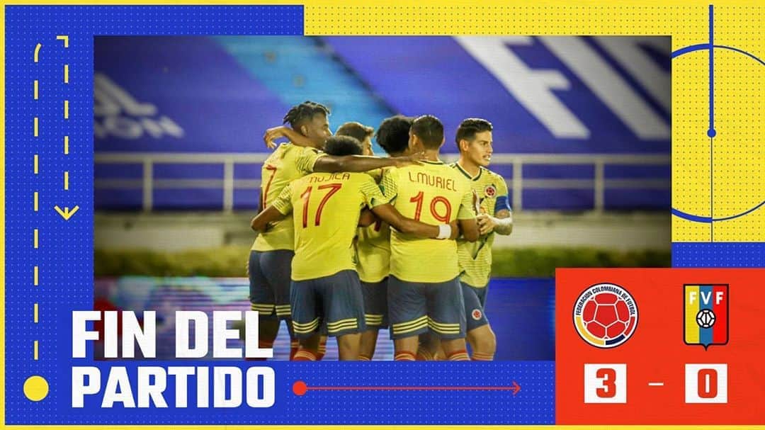 サッカー コロンビア代表チームのインスタグラム：「Termina el partido. Primer triunfo de nuestra Selección en las Clasificatorias a la Copa Mundial de la FIFA Catar 2022 ✌️  🇨🇴3⃣-0⃣🇻🇪   #VamosColombia 🇨🇴 #COLVEN」