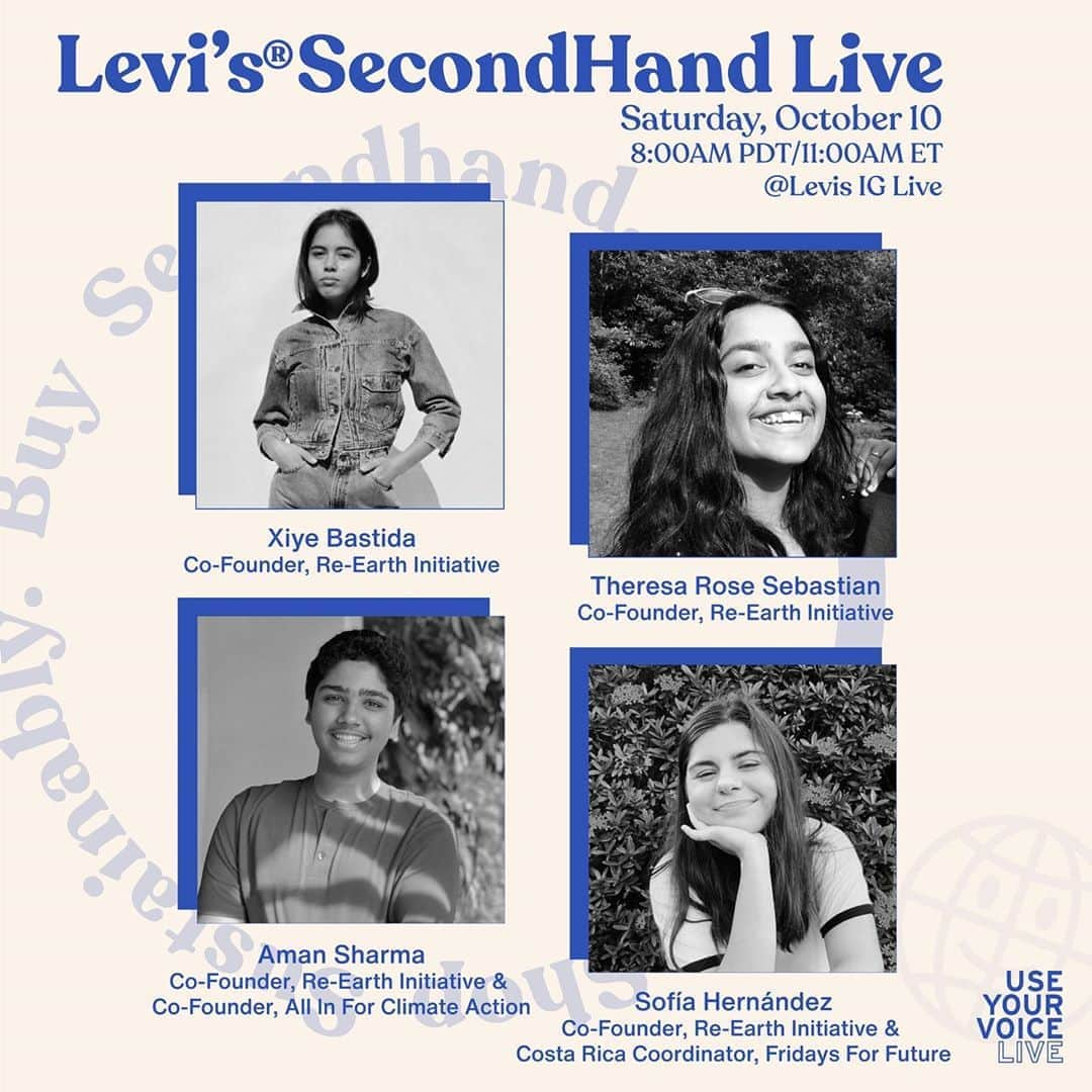 Levi’sさんのインスタグラム写真 - (Levi’sInstagram)「SecondHand Live with Re-Earth. Tune in tomorrow, October 10th, at 8 AM PDT / 11 AM ET to hear the co-founders of @re.earthorg Initiative, @xiyebeara, @greenysofi, @tessie.is.hungry and @birds_of_india_ discussing Re-Earth, the different projects they are working on, and what actions we can take now as both individuals and corporations to help the climate crisis. #LevisSecondHand」10月10日 11時06分 - levis