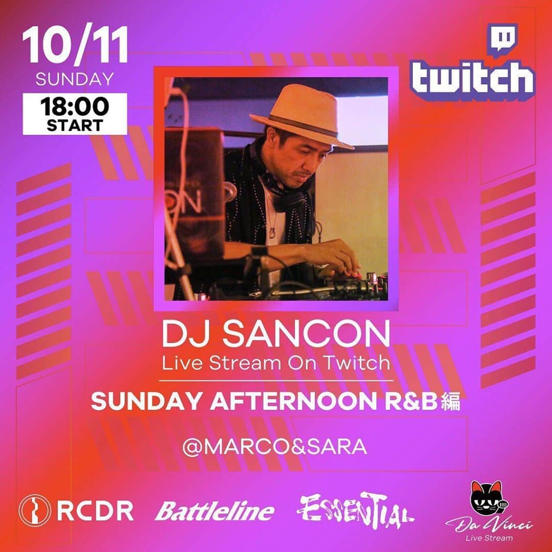 のインスタグラム：「明日日曜日 18時から Twitch(ツイッチ) 配信です！ SUNDAY AFTERNOON R&B編　 是非チェックイン待ってます😎✌️  現地参加も待ってます！ @marco_sara_kyoto  席に限りがあるので来る前 確認して下さい🙋‍♂️ 075-708-8323  22時からはチャンバースです！  10.11 Sunday  6pm→LIVE STREAMING ON TWITCH  5:30pm→ SUNDAY AFTERNOON at  marco&sara 10pm→ night club chambers   #twitchlive #twitchdj #twitchdjing  #livestreaming #twitchlivestream  #djsancon #R&BMIX #sundyafternoon」
